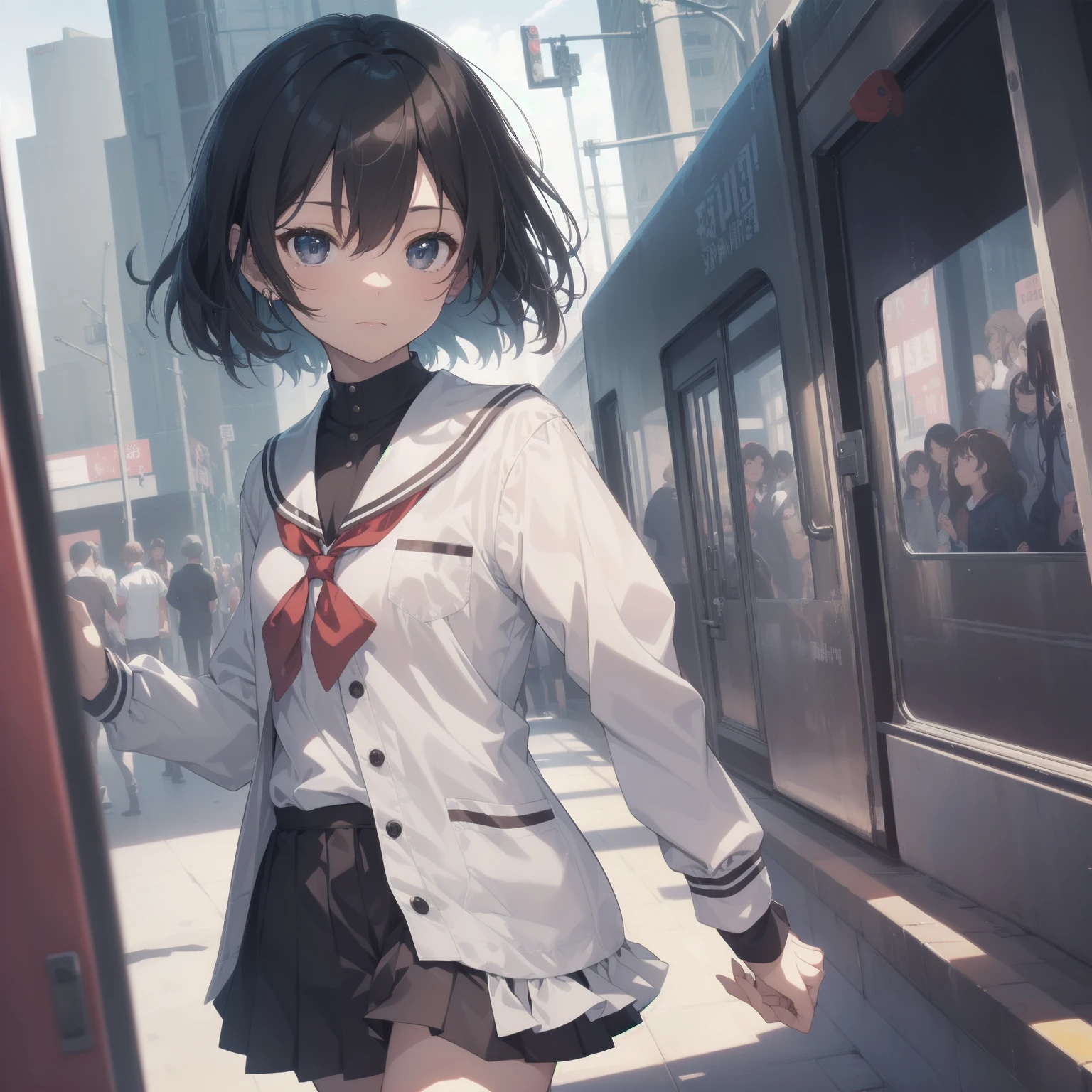 ultra-absurdres-Top quality by artist God, ultra-detailed, high resolution, anime moe artstyle, best anime 8k konachan wallpaper, pixiv contest winner, pool:2810, perfect anatomy,break, 1girl, (Please draw a girl walking sleepily to school alone. )break,(Solo,little female, 13-year-old:1.3),Full limbs, complete fingers,a junior high school student, (very short hair), short cut, flat , , small , small black eyes, beautiful detailed eyes, well-proportioned iris and pupils, expressive eyes, highres detailed hair, soft expression, salor school_uniform, sailor collar, serahuku, bow, pleated skirt,(Detailed Lighting), (Detailed background), in the School commute route. break,super detailed skin, Best cinematic lighting powered by famous artist, 8k,beauty illustration,photoshop_(medium),very aesthetic,break,((artist:nekotoufu )), artist:clamp ,artist:carnelian ,artist:kantoku ,
