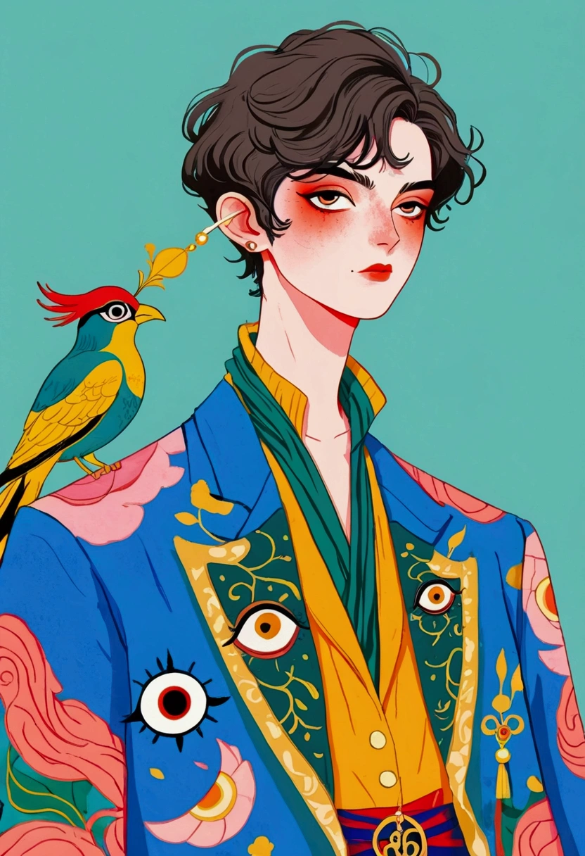 In a painting，A man in a colorful jacket、Delicate androgynous prince wearing a scarf,((( short hair，The third eye on clothes)))，temperament，Gouache inspired by Lubin Baugin, cg Social Hotspot, Cloisonnism, detailed Fashion Illustration, Fashion Illustration, luxury Fashion Illustration, Hanfu, Complex Abstract. (Gucci style), Color illustrations, Colorfull illustration, cypherpunk Fashion Illustration, ,(((Solid color background)))