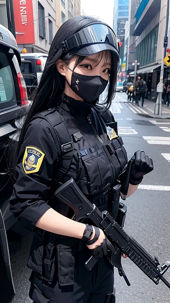 Police soldier woman, swat vest, black gloves, swat helmet head, behind long hair, ninja full mask, grip assault ak74,