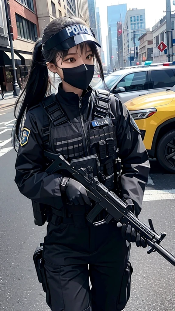 Police soldier woman, swat vest, black gloves, swat helmet head, behind long hair, ninja full mask, grip assault ak74,