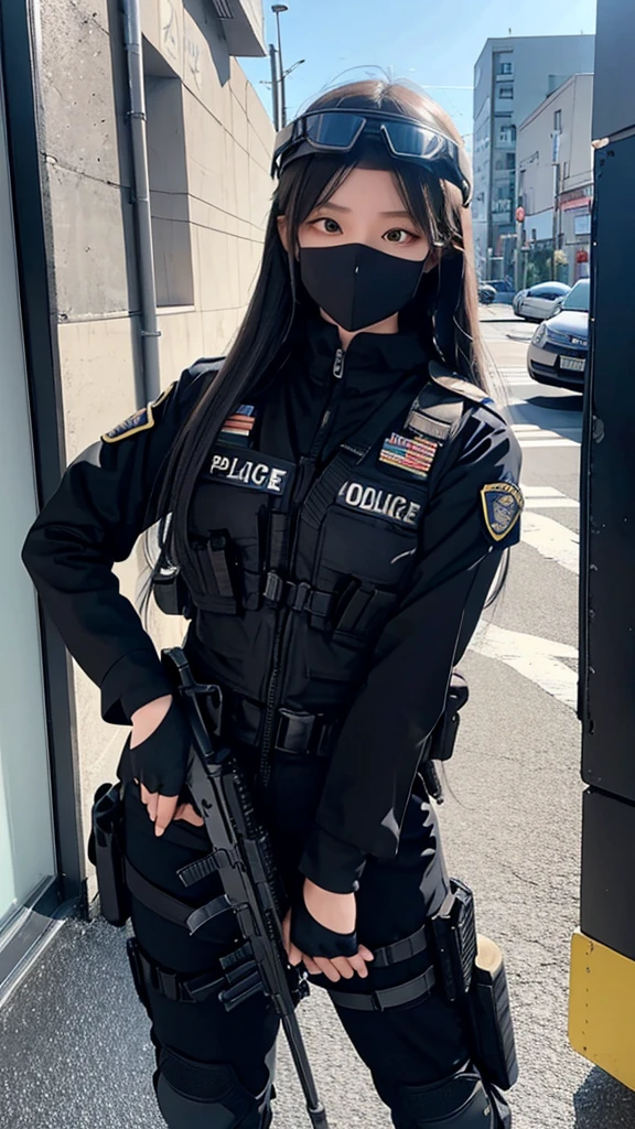 Police soldier woman, swat vest, black gloves, swat helmet head, behind long hair, ninja full mask, grip assault ak74,