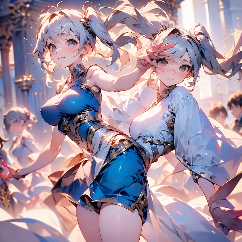 2D Animation、Highest quality, masterpiece, alone, 1 female、Year: 8 Year代、Large Breasts、(Slim figure)、Short blue dress、From the side、Poses that accentuate the chest、(White highlight in pupil:1.2)、Dark reddish brown eyes、Cute smile,(Grey Hair:1.2)、(Twin tails)、(View your viewers:1.2)、White skin、(blush)、(Embarrassed look)、(Blur the background to make the woman stand out.:1.3)、(The sunlight shines in)、Half Backlight、(The sea in the background)、The wind is blowing