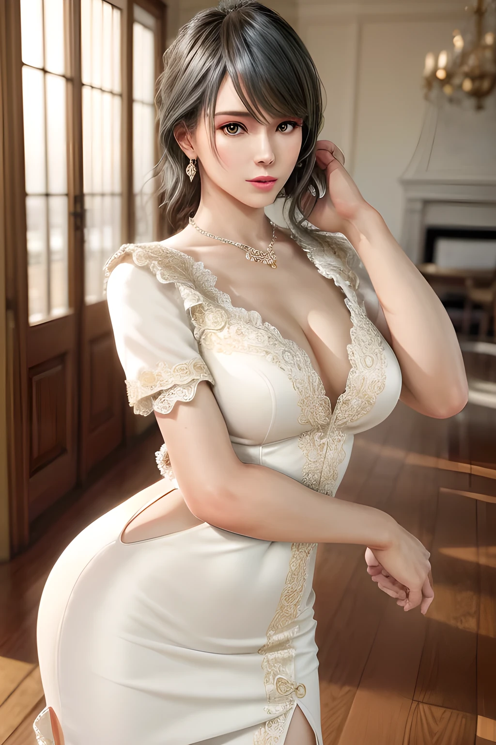A lady with extraordinary temperament, she stands in a modern indoor space, as if she is a model from a fashion magazine. She is wearing a (pure white long fur coat), the softness and luster of which makes her look more noble under the light, and complements her (beige dress) underneath, showing her gentle temperament while maintaining a sense of fashion. The style of the dress is simple and generous, a perfect match, and it lengthens her figure, making her tall and charming. The lady's makeup is delicate and elegant, which just highlights her facial features and makes people unforgettable at first sight. Although the earrings and necklace she wears are not ostentatious, they add a bit of sophistication and nobility to her overall look. Her hair is casually draped over her shoulders, and every strand of hair exudes a natural luster,, (best quality,8k,highres,masterpiece:1.2),ultra-detailed,(realistic,photorealistic,photo-realistic:1.37),studio lighting,ultra-fine painting,sharp focus,physically-based rendering,extreme detail description,professional,vivid colors