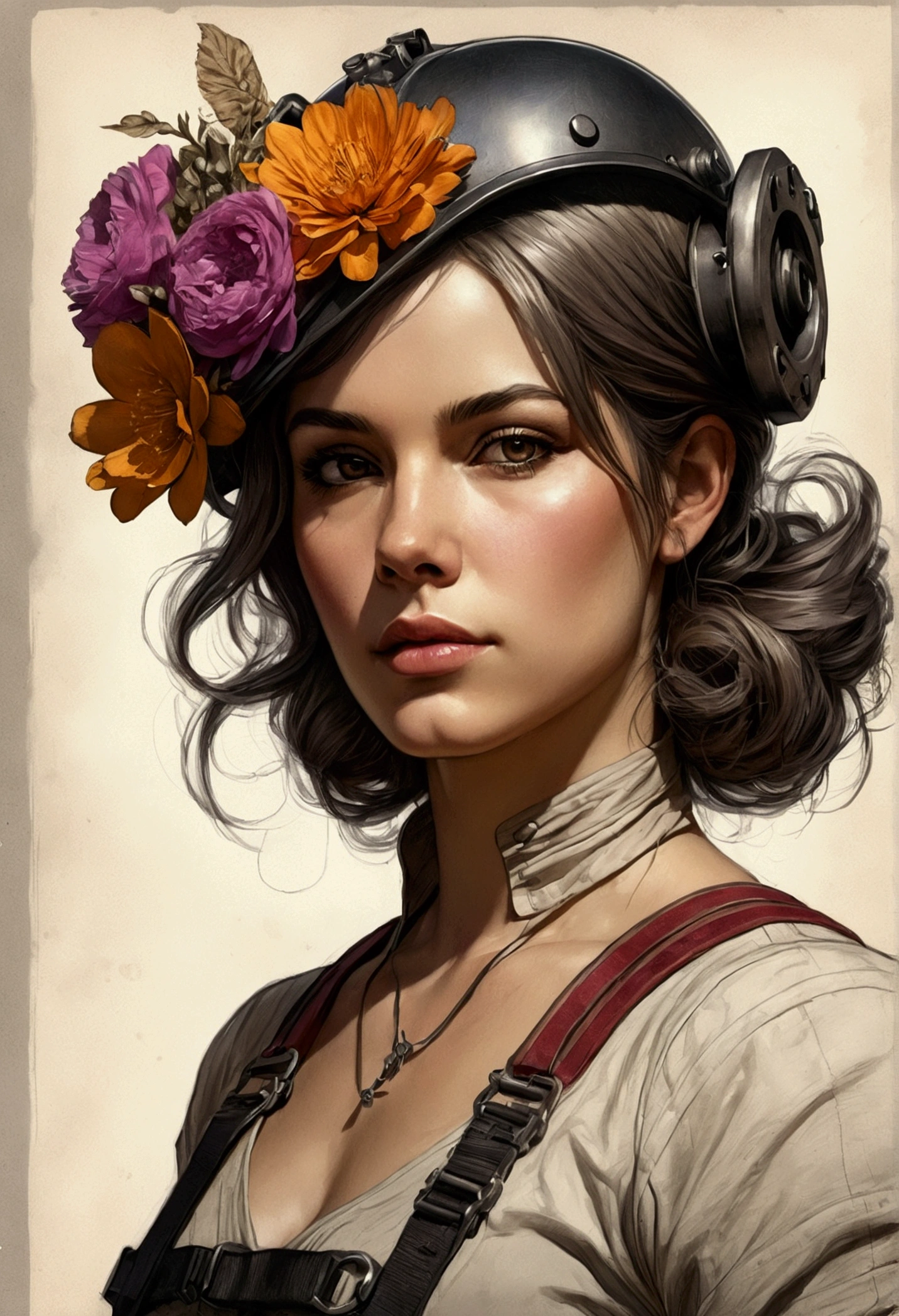 Charlie Bowater Lithograph realistic sketch portrait of a woman, flowers, [gear], pipes, dieselpunk, Multicolored straps, old paper texture, highy detailed