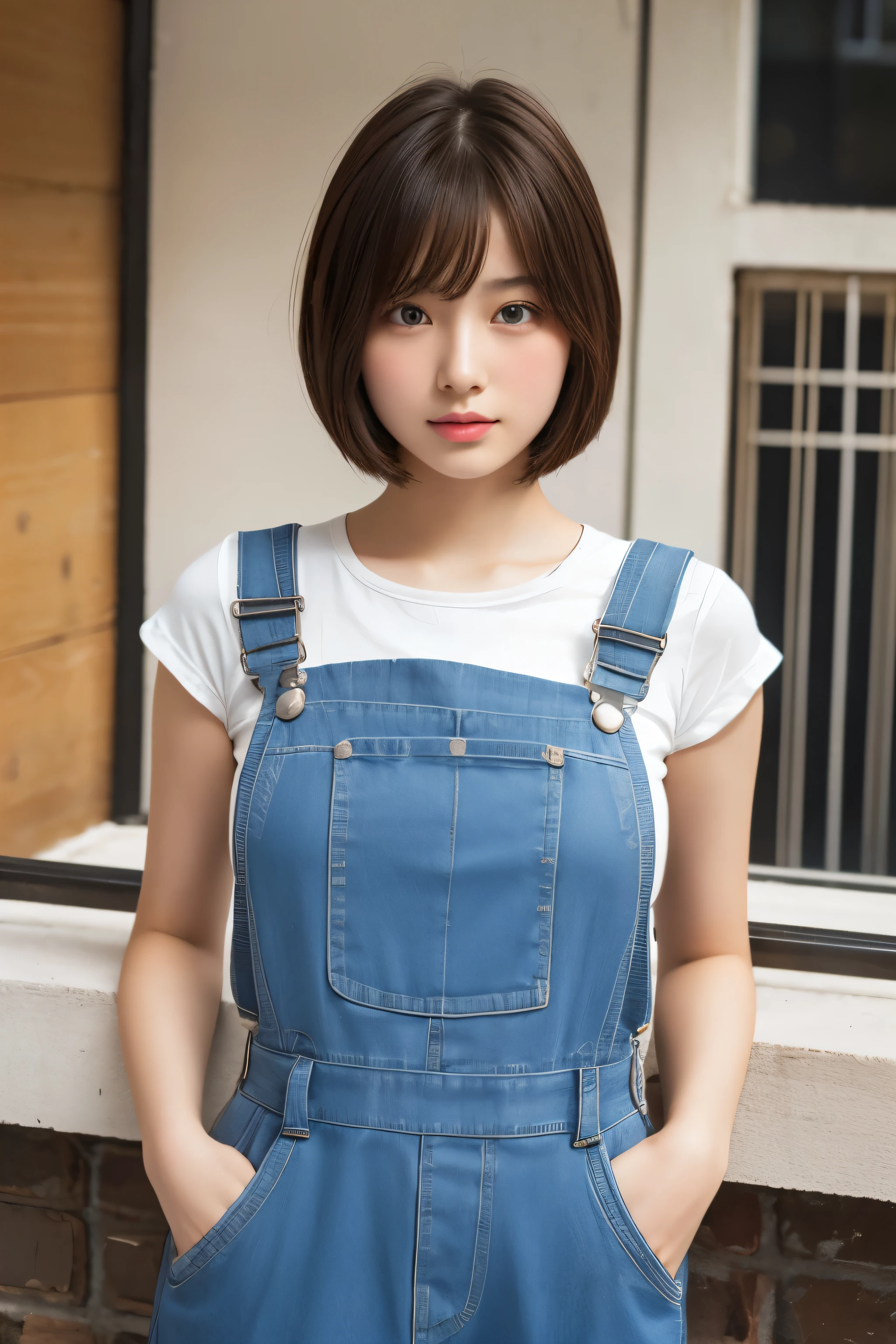 17-year-old beautiful girl,very short bob,very large breasts,big blue overall