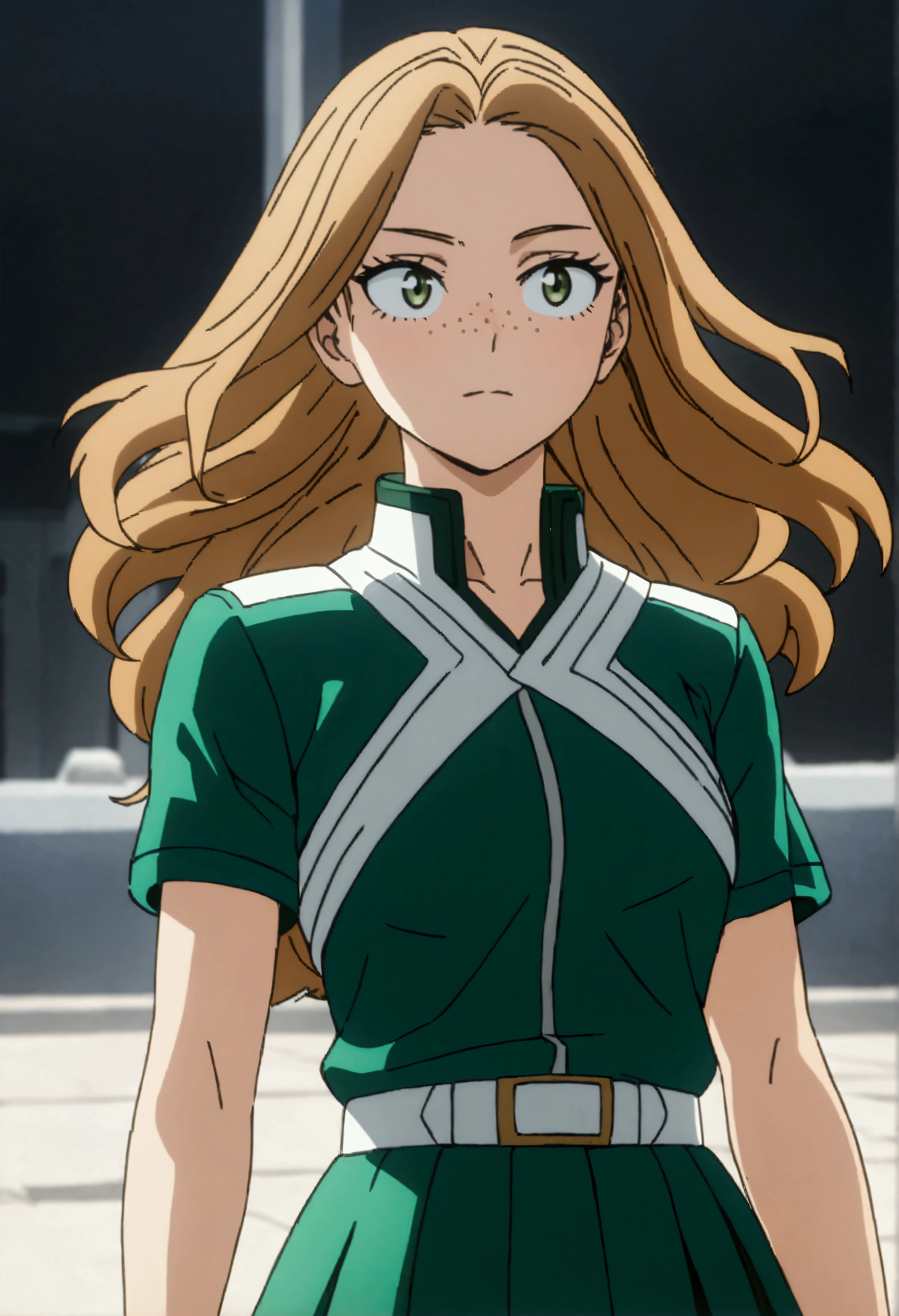 She is a 15 year old teenager, she has slightly disheveled long ginger hair..., light brown eyes, with some freckles on the nose area  , fit body , anime art slyle my hero academy , sexy face , she is dressed in the anime female uniform "my hero academia", , 8k, high quality, masterpiece, , cinematic, vivid colors, shining green eyes