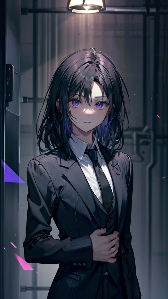 A man in a black suit with black hair and purple-green and black glitch particles floating around him.
