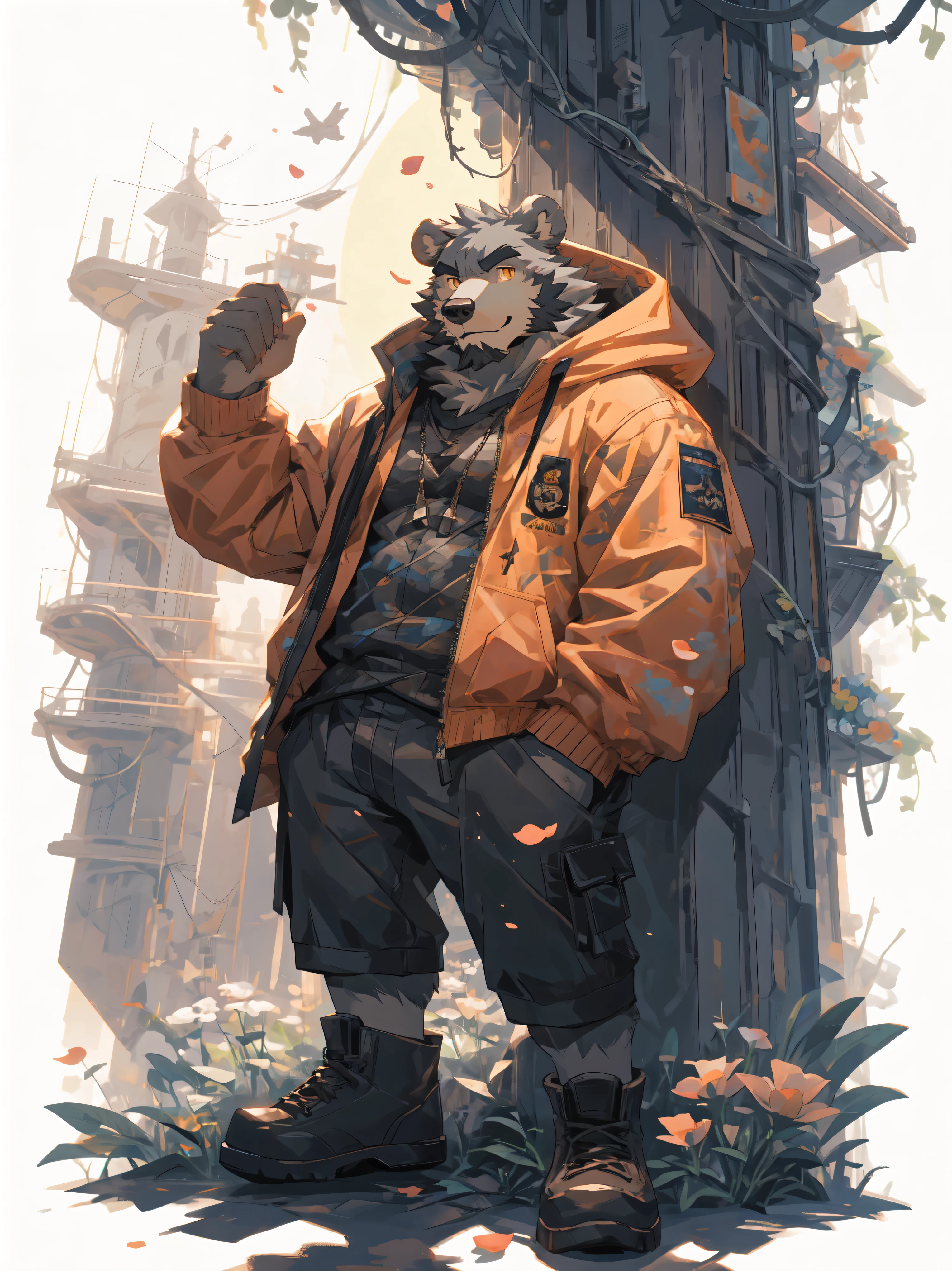 ultra-detailed,extremely detailed and beautiful, sky and white cloud and sunset glow background,ultra-detailed birds, (floating city in bloom, Floating petals, blooming gardens in the sky, many vines on the wall:1.2),Imagination,(masterpiece:1.2), best quality,pixiv,official art,perfect anatomy, (Ray tracing, light),solo, (1_male:1.3) , (muscle), (grey fur:1.4), (muscle bear), (beard:1.2), (gleaming golden eyes), bear tail, full body, Thick black eyebrows, (open short hoodie), (naked inside),cargo shorts, black short boots, (pure white background: 1.3), looking at viewer,dynamic pose, holding bouquet