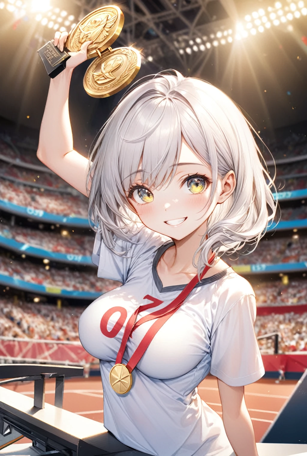 (Highest quality, 8k, 32K, masterpiece, Ultra-high resolution,:1.2),born, One girl,Super cute , Natural light,Clear, shining eyes, 20-year-old ,Fair skin, Wearing an open-necked T-shirt, Sexy pose, An innocent smile, Fantasy background of electronic world like a podium, gold medal, Olympic, Tournament, Stadium,Girl with silver hair, Slanted Eyes, , An innocent smile, Grin, Large Breasts, Victory, gold medalを噛む