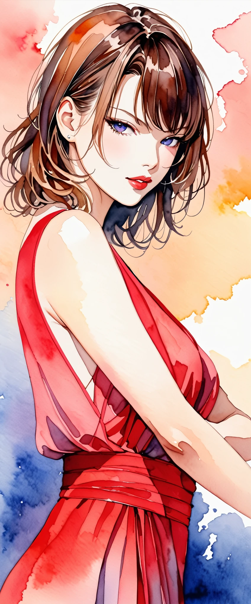 (masterpiece:1.2),(Highest quality),(Very detailed),(High resolution),(((Watercolor:1.3))),8k,wallpaper,Milla Jovovich,Red dress,sexy,cool,(Perfect Eyes,Beautiful Eyes),(((Beautiful gradation created by layering:1.3)),(((Tarashikomi technique:1.3))),(sexyなポーズ)