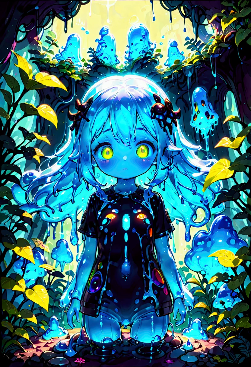A slime creature, detailed slimy texture, gooey and viscous appearance, cute eyes, bright neon colors, fluorescent glowing, surreal fantasy landscape, colorful alien environment, glowing mushrooms, bioluminescent plants, cinematic lighting, detailed 3D render, vibrant colors, high detail, masterpiece, best quality, very aesthetic, absurdres