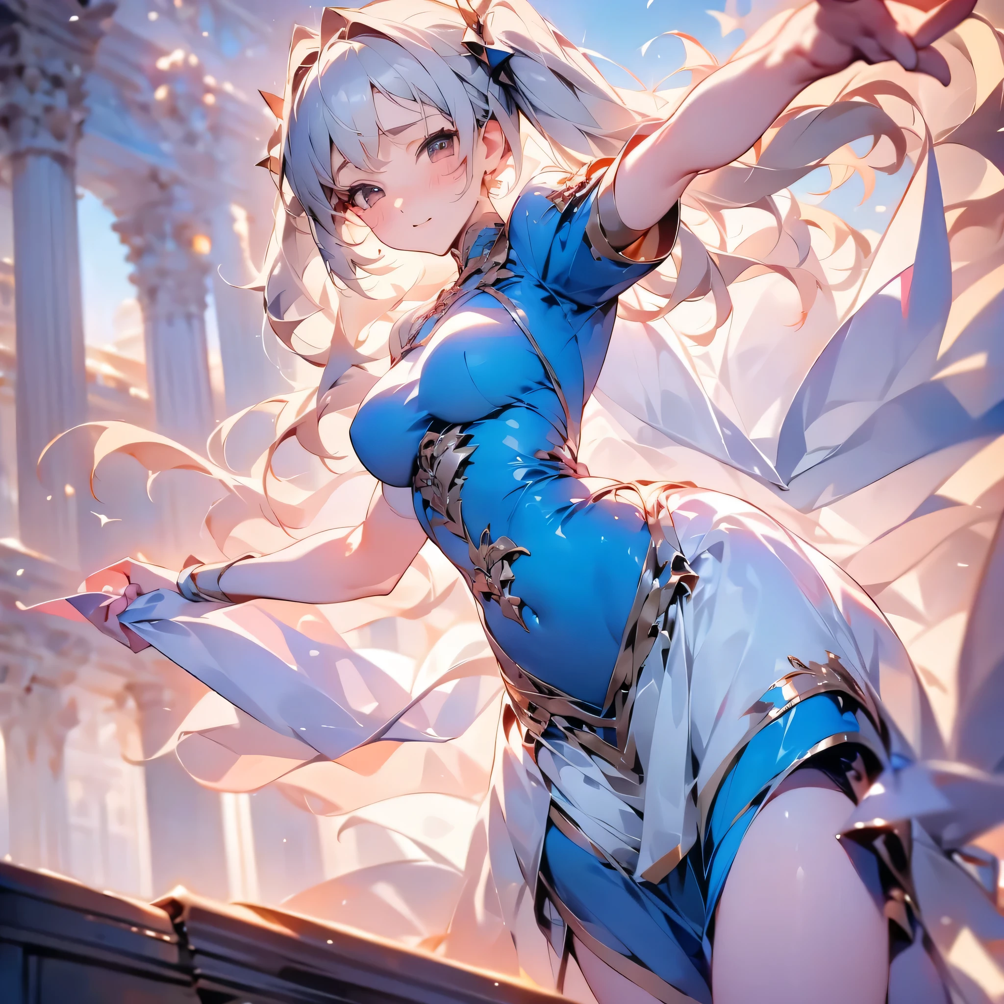 2D Animation、Highest quality, masterpiece, alone, 1 female、Year: 8 Year代、Large Breasts、(Slim figure)、Short blue dress、From the side、Poses that accentuate the chest、(White highlight in pupil:1.2)、Dark reddish brown eyes、Cute smile,(Grey Hair:1.2)、(Twin tails)、(View your viewers:1.2)、White skin、(blush)、(Embarrassed look)、(Blur the background to make the woman stand out.:1.3)、(The sunlight shines in)、Half Backlight、(The sea in the background)、The wind is blowing