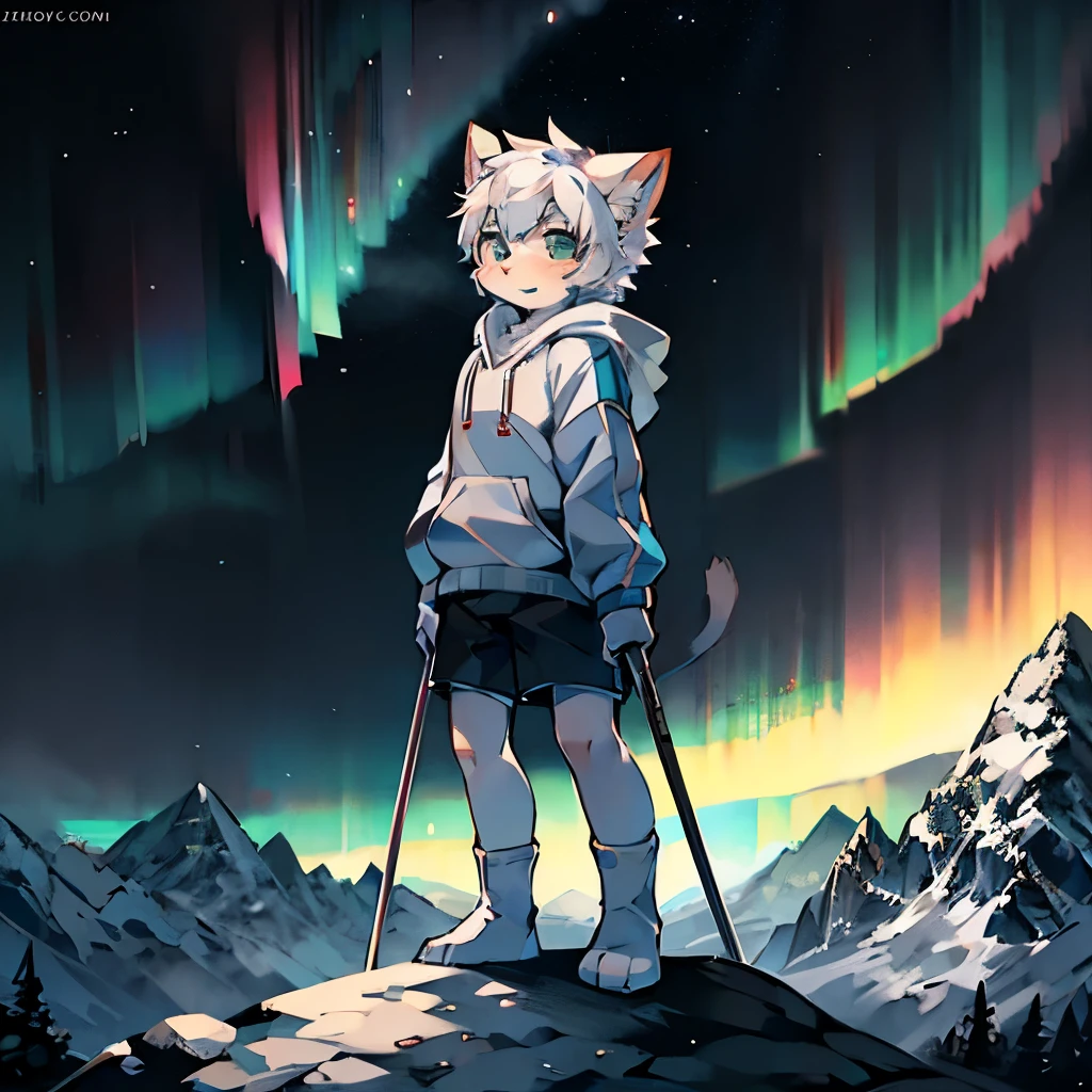 furry，Cute cat boy，White hair，Gray skin，（wearing hoodie），（Wear short white socks），Hold trekking poles，Standing on the top of the mountain，Close Range，aurora，（Highest quality），Alone，（front Photo）