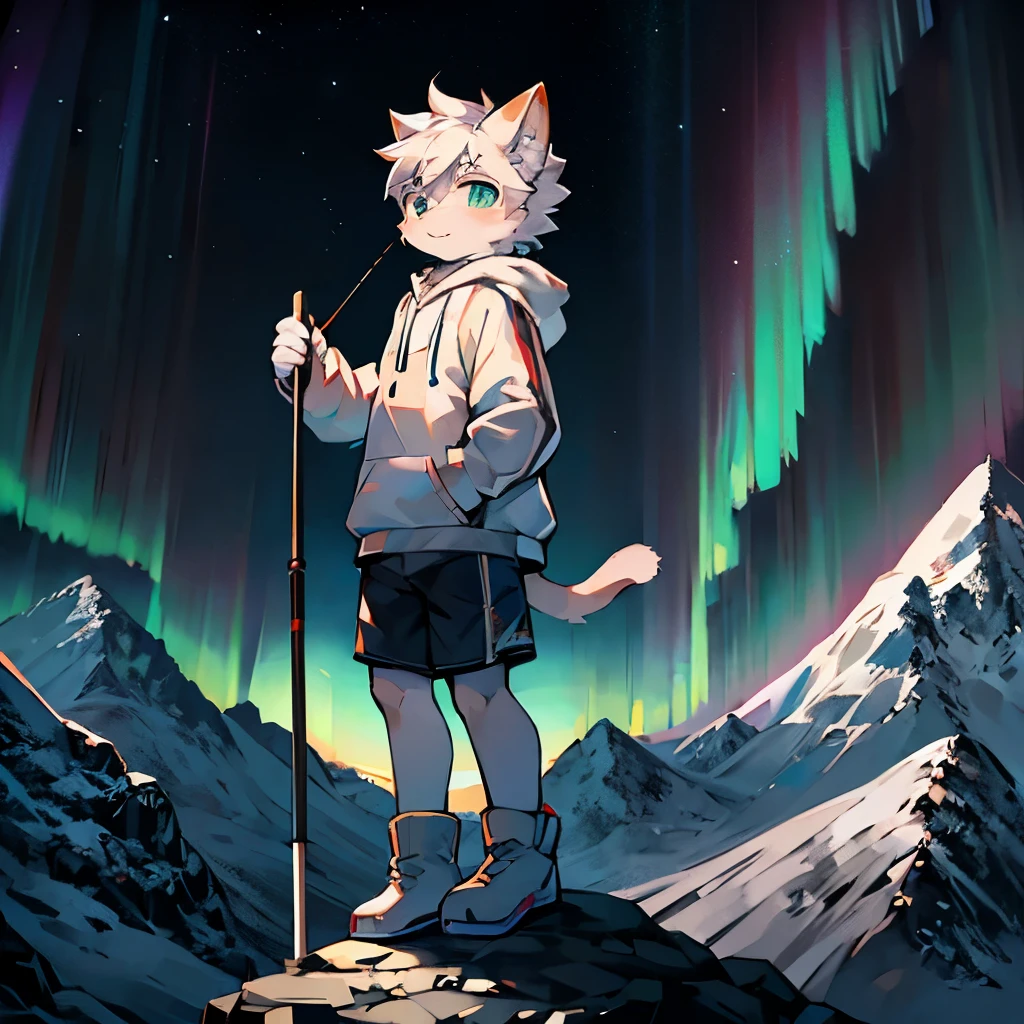 furry,Cute cat boy,White hair,Gray skin,(wearing hoodie),(Wear short white socks),Hold trekking poles,Standing on the top of the mountain,Close Range,aurora,(Highest quality),Alone,(front Photo)
