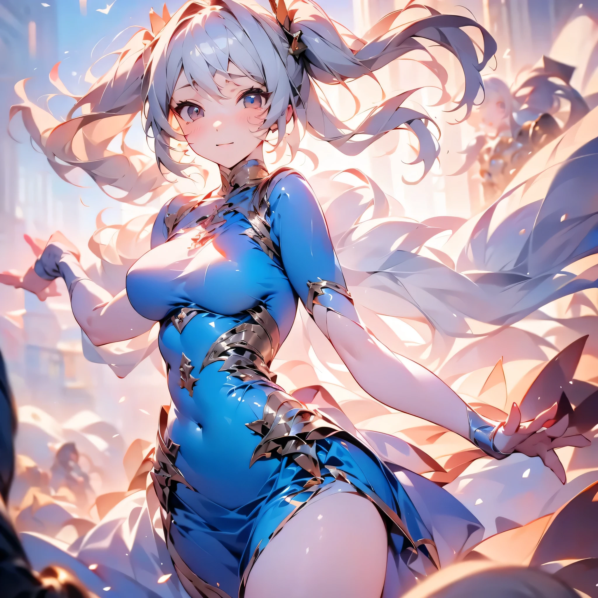 2D Animation、Highest quality, masterpiece, alone, 1 female、Year: 8 Year代、Large Breasts、(Slim figure)、Short blue dress、From the side、Poses that accentuate the chest、(White highlight in pupil:1.2)、Dark reddish brown eyes、Cute smile,(Grey Hair:1.2)、(Twin tails)、(View your viewers:1.2)、White skin、(blush)、(Embarrassed look)、(Blur the background to make the woman stand out.:1.3)、(The sunlight shines in)、Half Backlight、(The sea in the background)、The wind is blowing