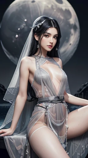 Beautiful and noble woman, Slender beauty, 24-years-old, Symmetrical eyes, (((Wearing a sheer grey and silver Greek dress,))), (((Black straight hair, Small breasts, Tight waist, Beautiful legs))), ((Spread your legs wide:1.4)), (((Against the Moon))), Very detailed
