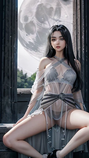 Beautiful and noble woman, Slender beauty, 24-years-old, Symmetrical eyes, (((Wearing a sheer grey and silver Greek dress,))), (((Black straight hair, Small breasts, Tight waist, Beautiful legs))), ((Spread your legs wide:1.4)), (((Against the Moon))), Very detailed