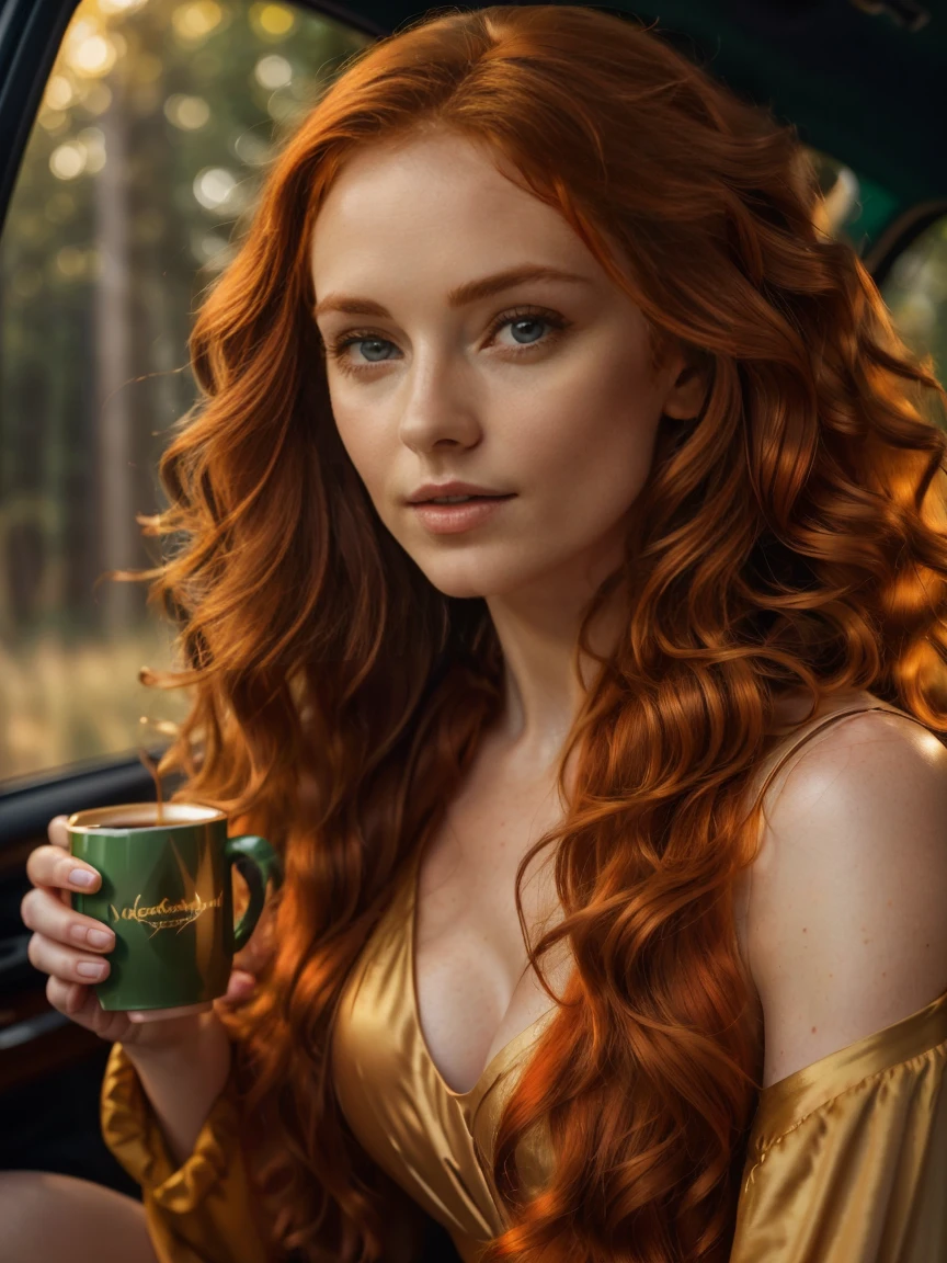 Hyper-realistic UHD 4K image, beautiful woman in photographic quality, redhead, ((long curl hair)), emerald green eyes, ​masterpiece, full body picture, ((Eye make up)) ((full lips)) she drinks her morning coffee in the car, soft lighting, (warm atmosphere. Colour palette - orange, gold, ochre shades), ((film grain)), ((Rays)), (glare) , ultra detailed