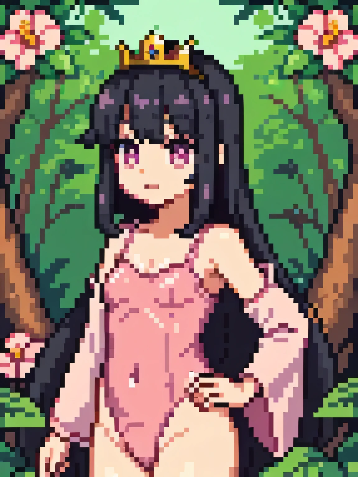 Highest quality、Very delicate and beautiful、Very delicate and beautiful、(Beautiful eyes)、Pink Eyes、Princess、I、I、、 、Japanese、、Chiquita、(Black Hair)、((Pink leotard))、Tiara on head、Laughter、standing、Look forward、((Jungle background))