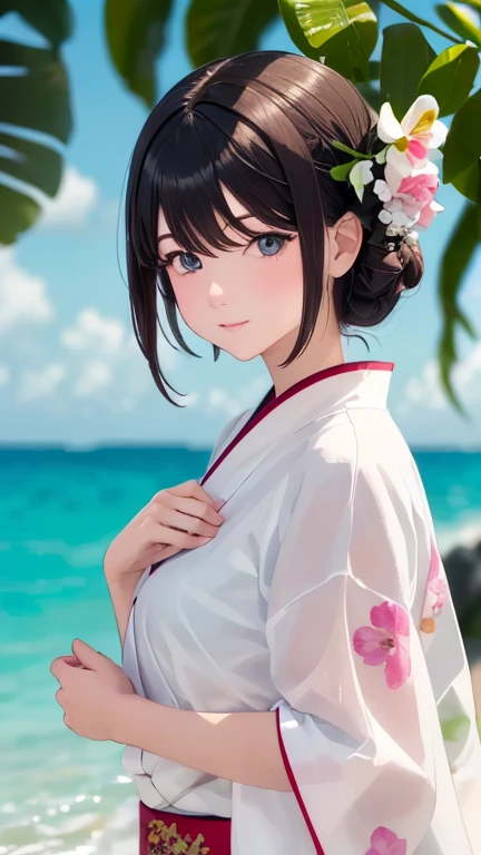 {(masterpiece,best quality, 8K UHD, extremely detailed CG, detailed beautiful face and eyes and skin and hair),(beautiful like picture:1.1)},{(watercolor image:1.2),sketch,bright colors overall,gentle color},{Simple configuration:1.1}, {plain backgroundl:1.2}, {solo girl,yukata},{Floral,Taisho romance}
