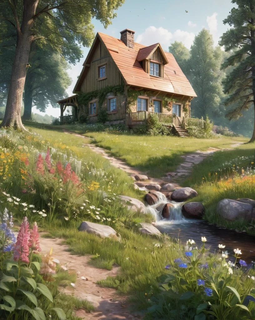 a meadow filled with wildflowers Style-Petal, of various colors, by lee jeffries nikon d850 film stock photograph 4 kodak portra 400 camera f1.6 lens rich colors hyper realistic lifelike texture dramatic lighting unrealengine trending on artstation cinestill 800unded by tall, lush trees with new leaves, and a gentle breeze blowing through. In the distance, there is a (cottage:1.3) and a river, masterpiece, best quality, high quality,  Under the tree there is a small wooden two-story house. On the gable roof of the house there is a solar battery.The house is cute and fabulous.
