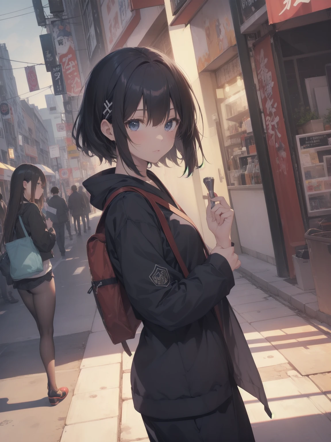 Ninjas are... cool and... fast.!ultra-absurdres-Top quality by artist God, ultra-detailed, high resolution, anime moe artstyle, best anime 8k konachan wallpaper, pixiv contest winner, pool:2810, perfect anatomy,break, Domo…1girl is ninja girl, (Please draw a picture of a Ninja girl stand and look down on the city from rooftop),from above, dutch angle, break, (Solo,,12-year-old:1.3), androgynous charm, (Very Short hair, blunt bangs), Full limbs, complete fingers,flat chest, Small butt, groin, small black eyes, beautiful detailed eyes, well-proportioned iris and pupils, expressive eyes, highres detailed hair, (sleeveless hanjuban),obi,ninja hakama, japanese Hairpin,ninja scarf waving in the wind, ninja stance, break,super detailed skin, Best cinematic lighting powered by famous artist, 8k,beauty illustration,photoshop_(medium),very aesthetic,break,((artist:nekotoufu )), artist:clamp ,artist:carnelian ,artist:kantoku ,