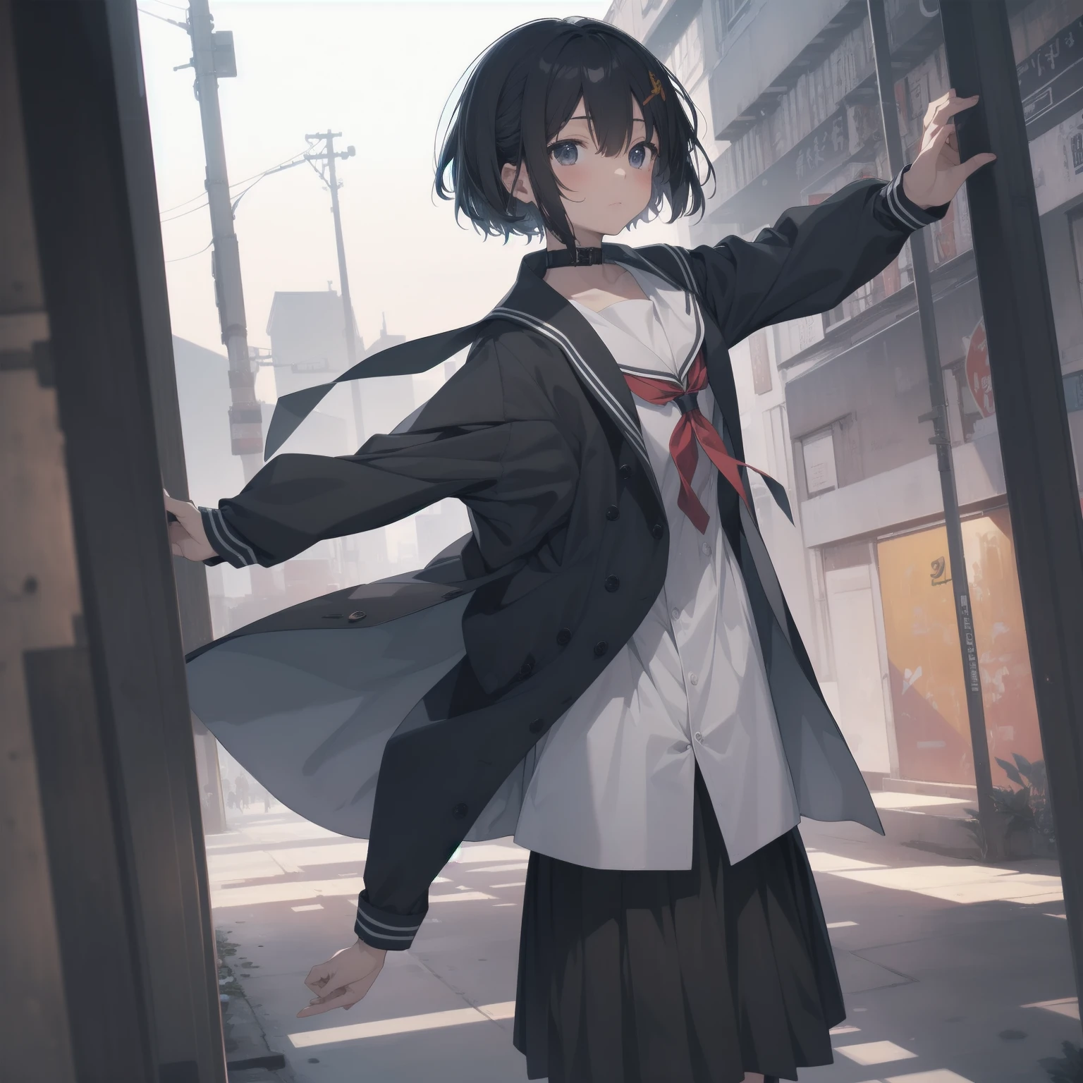 ultra-absurdres-Top quality by artist God, ultra-detailed, high resolution, anime moe artstyle, best anime 8k konachan wallpaper, pixiv contest winner, pool:2810, perfect anatomy,break, 1girl, (Please draw a girl walking sleepily to school alone. )break,(Solo,little female, :1.3),Full limbs, complete fingers,a junior high school student, (very short hair), short cut, flat chest, , small butt, smallck eyes, beautiful detailed eyes, well-proportioned iris and pupils, expressive eyes, highres detailed hair, soft expression, salor school_uniform, sailor collar, serahuku, bow, pleated skirt,(Detailed Lighting), (Detailed background), in the School commute route. break,super detailed skin, Best cinematic lighting powered by famous artist, 8k,beauty illustration,photoshop_(medium),very aesthetic,break,((artist:nekotoufu )), artist:clamp ,artist:carnelian ,artist:kantoku ,