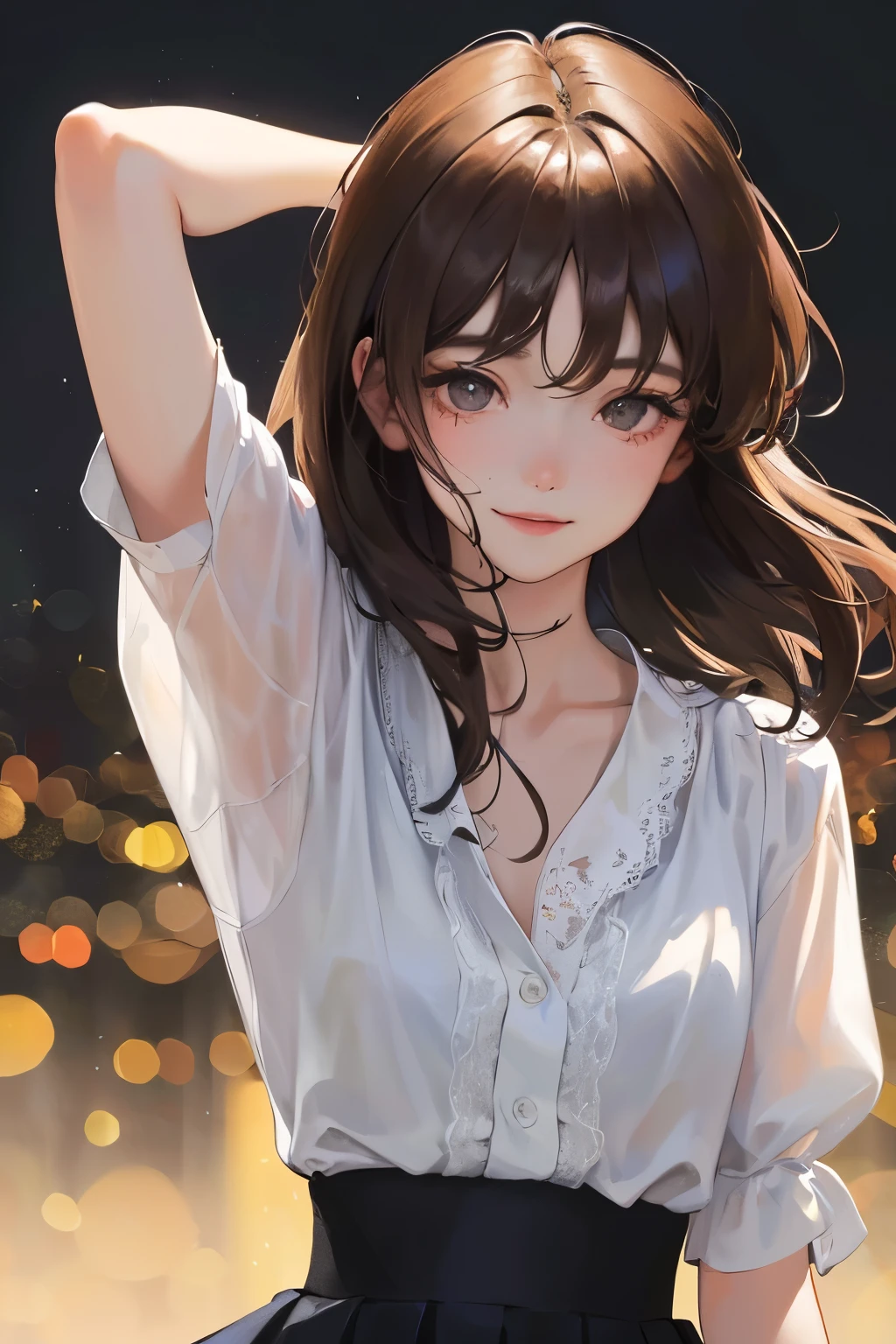 (((Night Background)))、(((Drunk)))、((1 person)),Masterpiece,best quality, ((Floral Skirt))),Sandals ,((White blouse))、((smile))、(()),determined expression, Upper body diagram、 (Highest Resolution、Clear_image)、Best Quality、Light and shadow contrast、((Backlight))、Very detailed、Semi-realistic、Tying up hair、Brown Hair、bangs、19 years old、 Young lady,,young、((View from top))、Delicate Facial Features