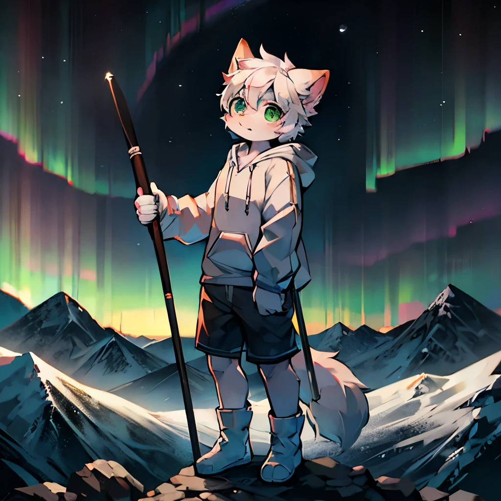 furry,Cute cat boy,White hair,Gray skin,(wearing hoodie),(Wear short white socks),Hold trekking poles,Standing on the top of the mountain,Close Range,aurora,(Highest quality),Alone,(front Photo)