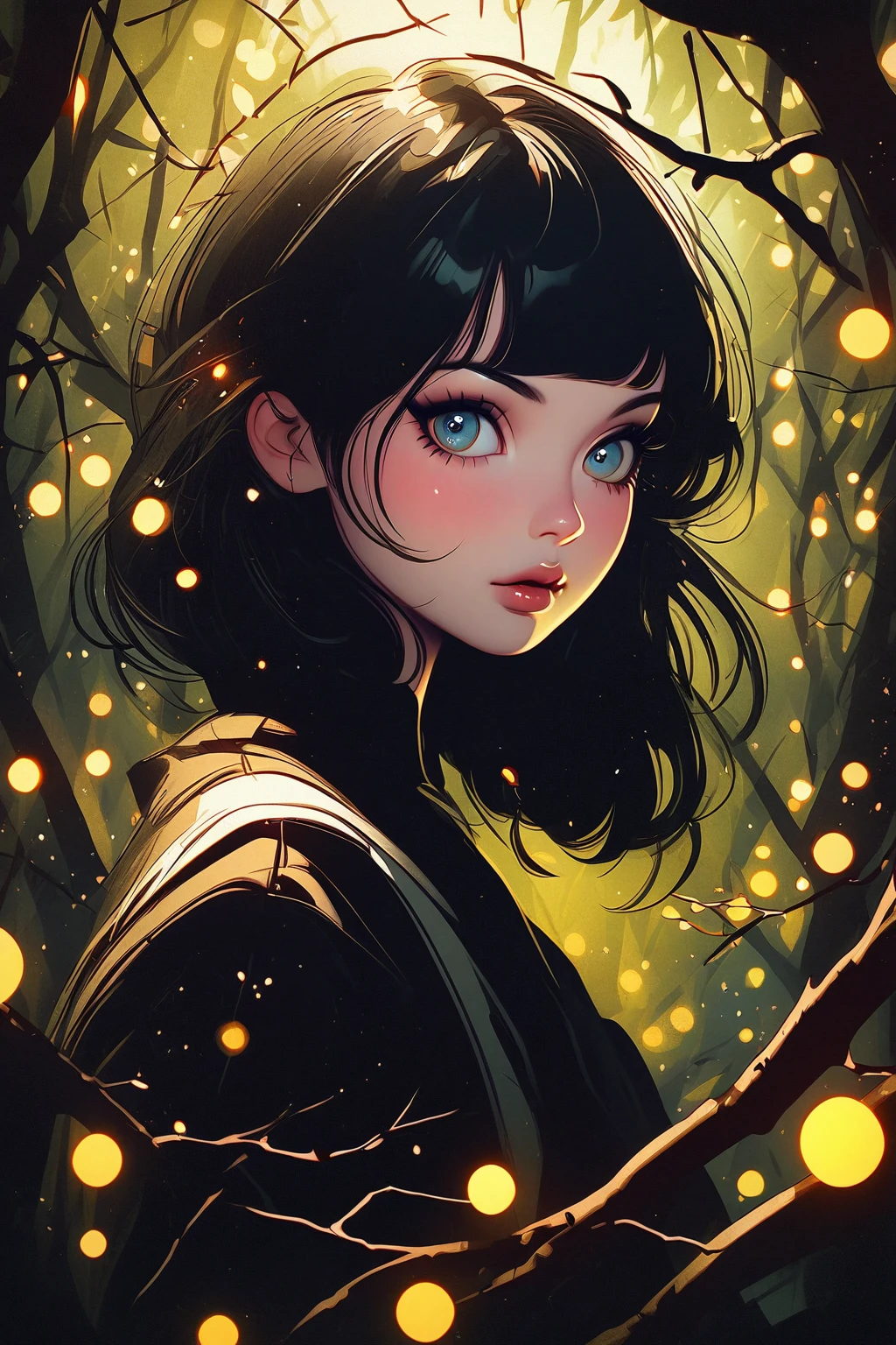 Kuvshinov among branches and fireflies, Sandusha, Fantasy Art, (((Surrealism))), (Style - Glass)