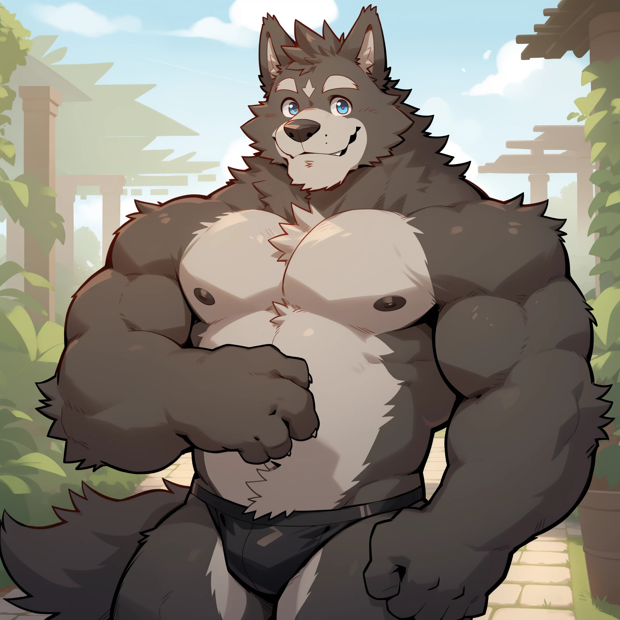 Scribble Wolf face,Humanity(Wolf),(black sexy panties:1.3),Muscular,(Brown eyebrows:1.1),(Perfect eyes),Black fur，（artist:Takemoto Arashi），Garden Background，Smile，Wolf尾巴，（Topless:1.3），light pink nipples。