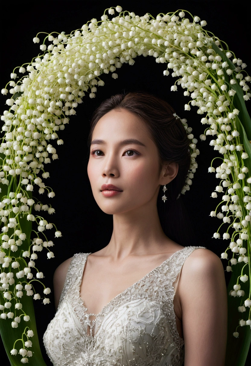 A woman surrounded by lily of the valley flowers illuminated by the light of the Flower Moon，Appearance like the moon goddess Selene，A dazzlingly beautiful virgin，