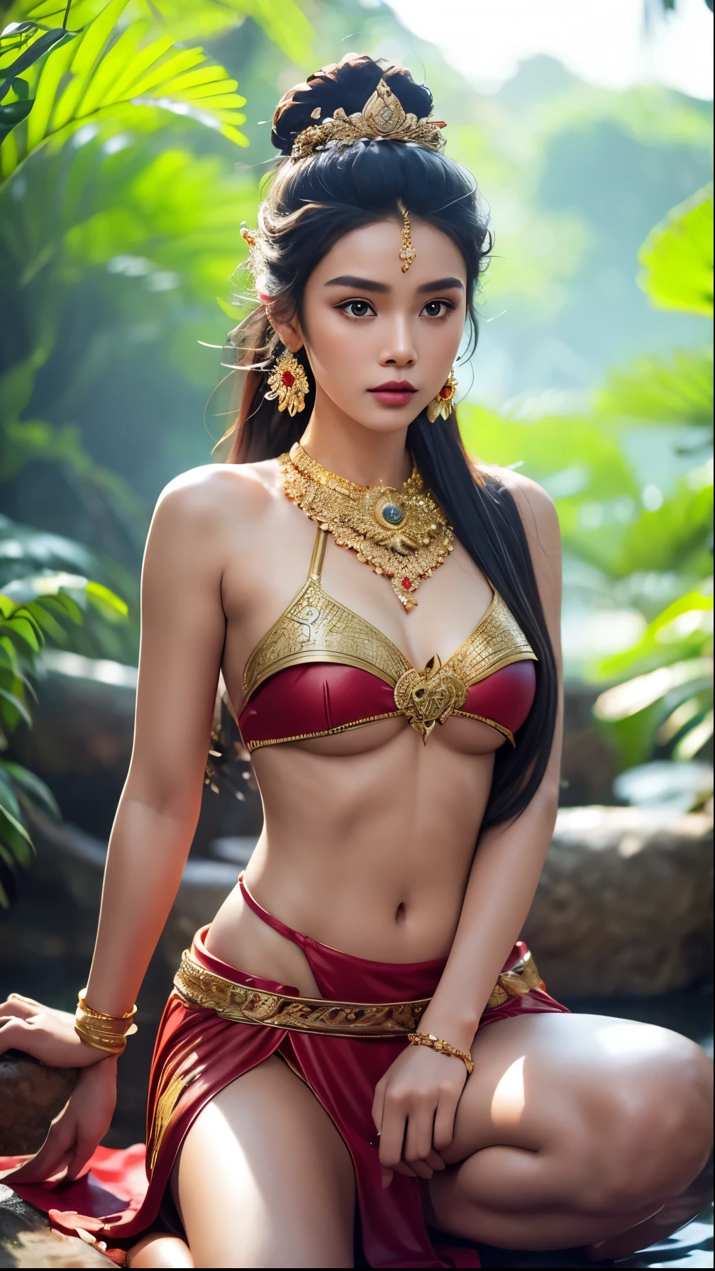 create a hyper realistic photo a beautiful indonesian woman as a hero in dynasty kingdom of majapahit, wearing small gold neklace like a queen, wearing red kemben ,long black hair with bun, doing floating meditation, energy bursts from around of her body, unreal engine 5, absurdres, volumetric mixed color line blue red white lighting around her body, eyes to camera, rainforest background