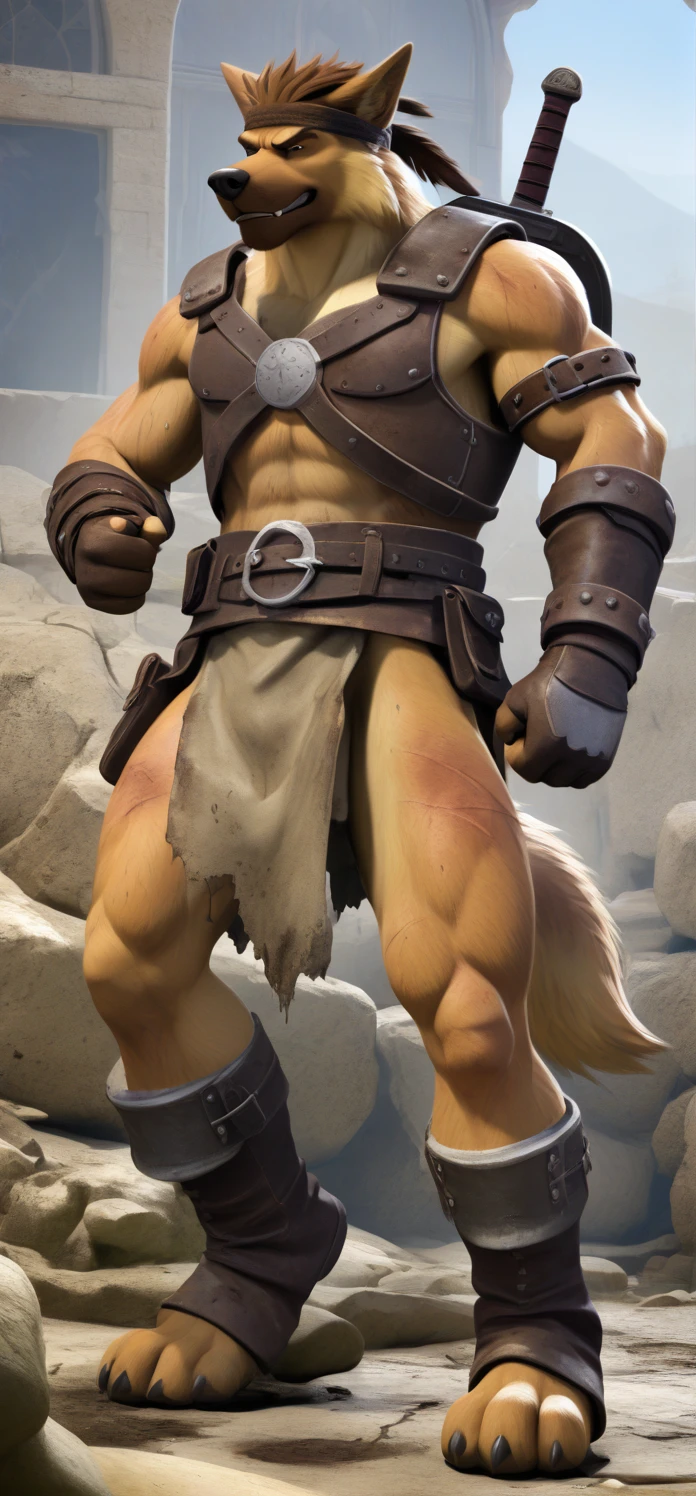 Solo Sexy anthro furry german shepherd male; ancient Mediterranean desert warrior; slim mesomorph handsome model apperance; boy's messy short hair headband; sexy toned muscules; sword scars; worn out brown studded leather rusty sexy skimpy armament. He has low on hips heavy leather studded heavy belt. he has very old worn out btosn leather bulgy tigh jockstrap (smelly jockstrap fetish); His brown jockstrap it is made of old worn out matte brown volour leather studded and sewn together from a few pieces, it has never been washed, it is dirty and has stains from secretions of dried semen and sweat; His armor is old heavy brown harness with armlets studded with spikes; rusty btonze-age old skimpy breatsplate armor, he has old brown leather BFR Bands on Biceps and his thighs, he has old worn out fingerless leather gloves. His armor is in ruin, it is very very old and dirty, rusted, dirty, old worn out, rusty breastplate. Even though he is a handsome and sexy man, he has a sloppy appearance, has disheveled unwashed dirty fur, dirty body look. he smells, he has stains from old blood, dirt, semen, mud, smelly furr, disgusting bastard looking. Mediterranean sunny pine seacoastline pine forest; he has a proud, threatening and defiant expression on his face, with little dirty dangerous smile; He stands proudly bravely in an upright attacking position, he holds a rised up sword in his right paw, ready for incoming fight; he has very old worn out btosn leather bulgy tigh jockstrap (smelly jockstrap fetish); His brown jockstrap it is made of old worn out matte brown volour leather studded and sewn together from a few pieces, it has never been washed, it is dirty and has stains from secretions of dried semen and sweat; Full body full character view,
dynamic fighting pose visible from the side