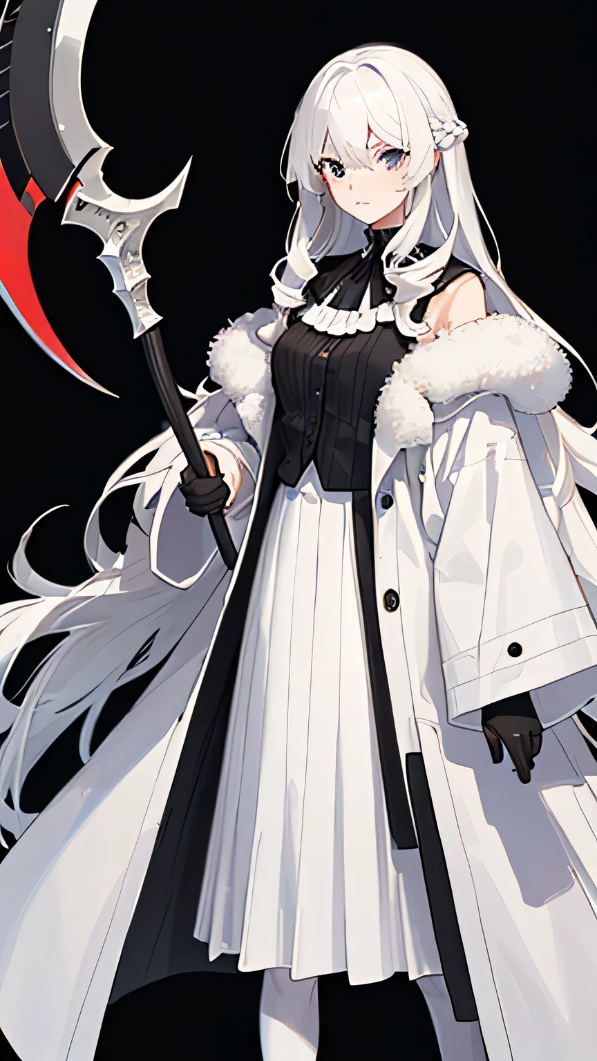 (1woman,White long hair girl,masterpiece,8k,bust,Best quality),age killer,((White long hair,Slightly curly hair,Black eyes,Holding a huge scythe in both hands,Black classic coat,White woven long skirt,White tights),Standing in the casino,Perfect face,Perfect eyes,perfect pupils,Oil painting style,Thick coating,Thick lines,16K, ultra HD, retina, masterpiece, precise, Anatomically correct, best quality, high quality, Textured Skin