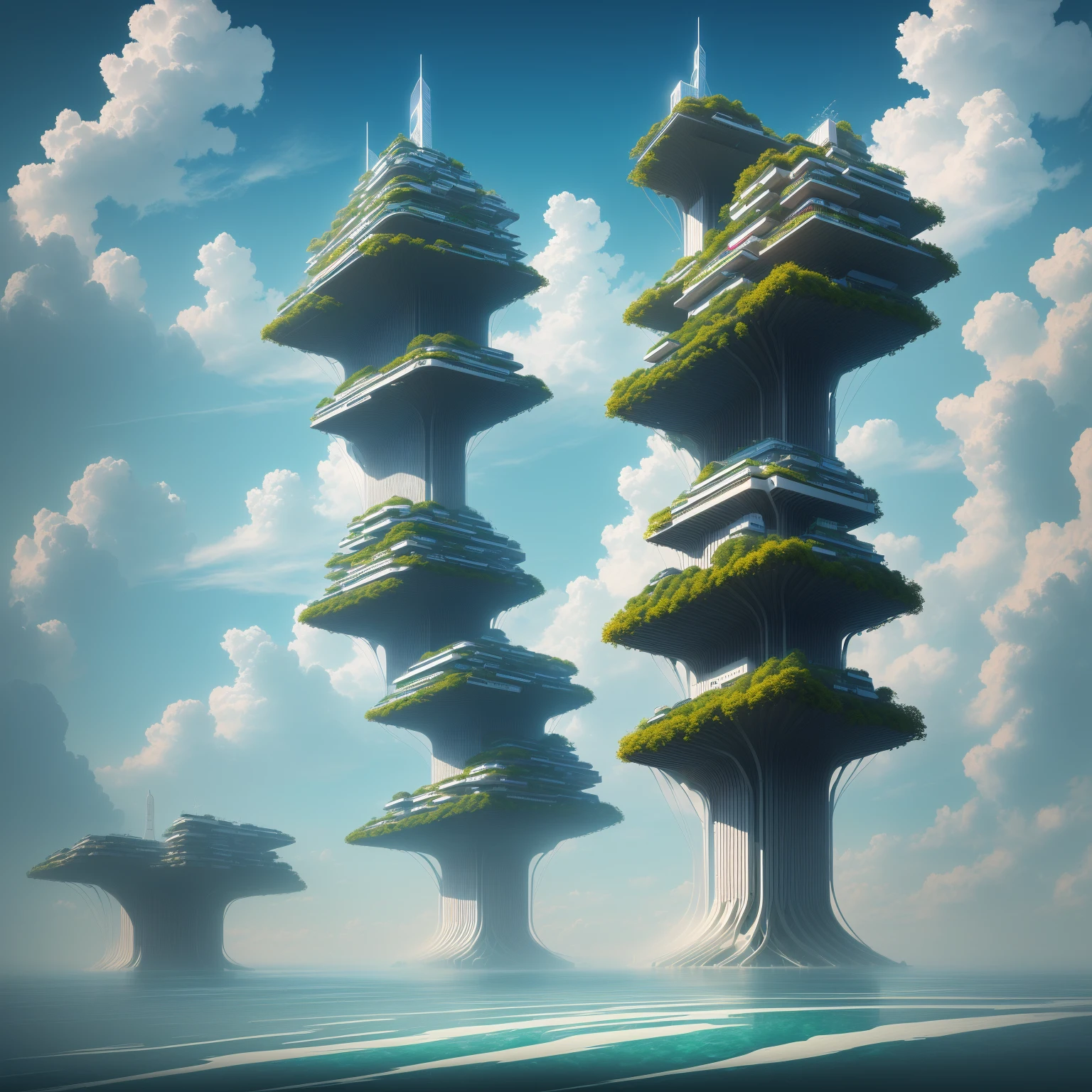 Futuristic floating city,High-tech architecture,airship,Transparent path,Green plants,Water surface reflection,Skyscraper,Fusion of nature and technology,Smart,Innovative Energy,High-tech city,Energy-efficient buildings,Floating in the clouds,Utopian Dreams,Cutting-edge transportation network,Holographic Display,Modernist aesthetics。