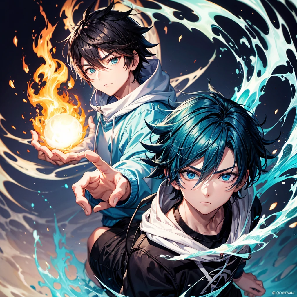 anime boy.drawn with dergrade sweatshirt vred and cyan with black hair and with fire and water