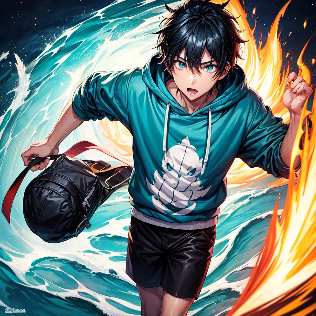 anime boy.drawn with dergrade sweatshirt vred and cyan with black hair and with fire and water