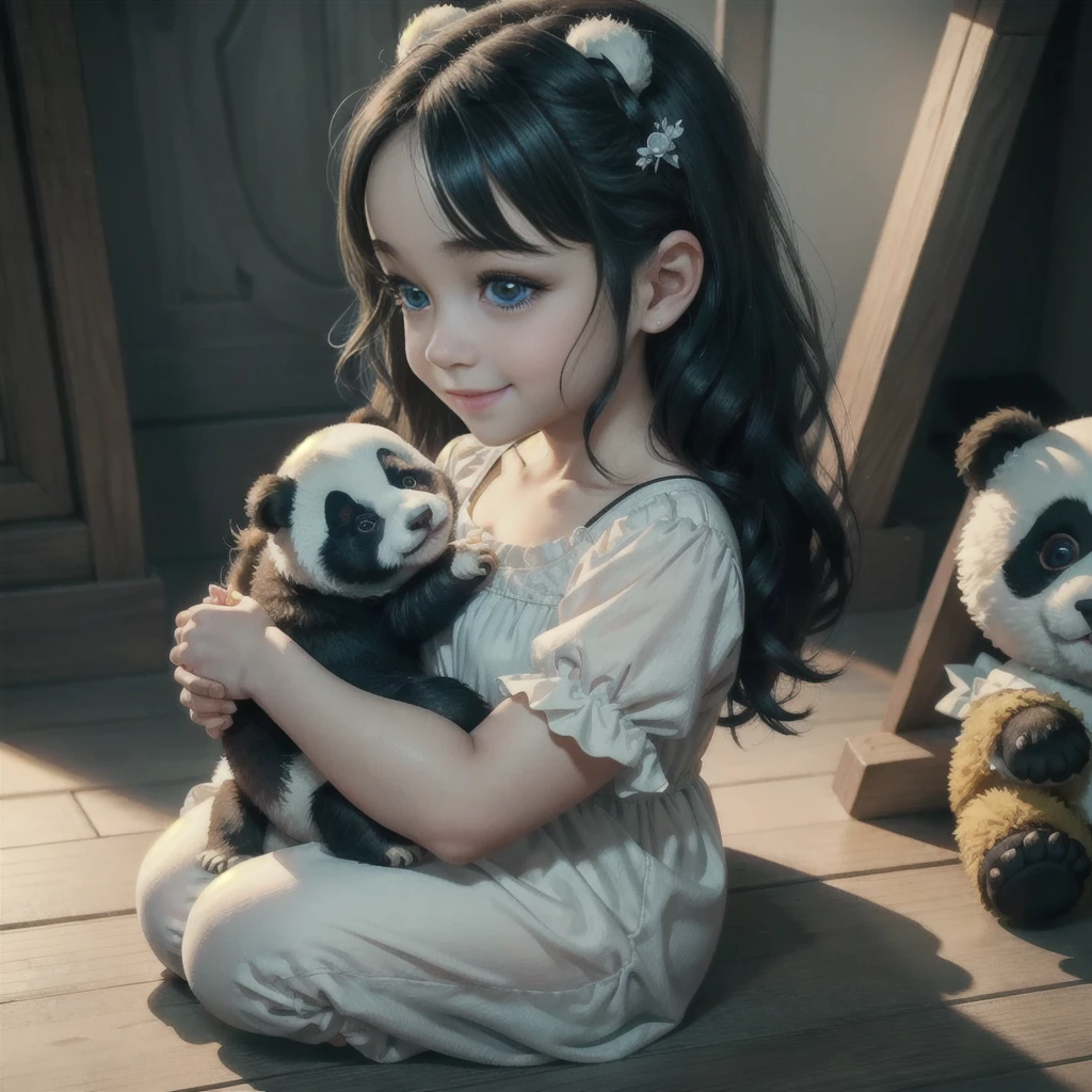 a small baby girl is sitting on the floor with her back turned, the child's face is in profile, she has long black hair, a white blouse and black shorts, her right hand is reaching forward, cute,  about 1 year old is sitting on the floor (masterpiece), (best quality), (ultra-detailed), (full body:1.2), Super cute, Baby, Pixar, Baby panda in pajamas, Big bright eyes, Fluffy, Smile, Delicate and fine, Fairy tales, Incredibly high detailed, Pixar style, Bright color palette, Natural light, Simple background with pure color, Octane render, Trending on Artstation, Gorgeous, Ultra wide angle, 8k, HD, Realistic