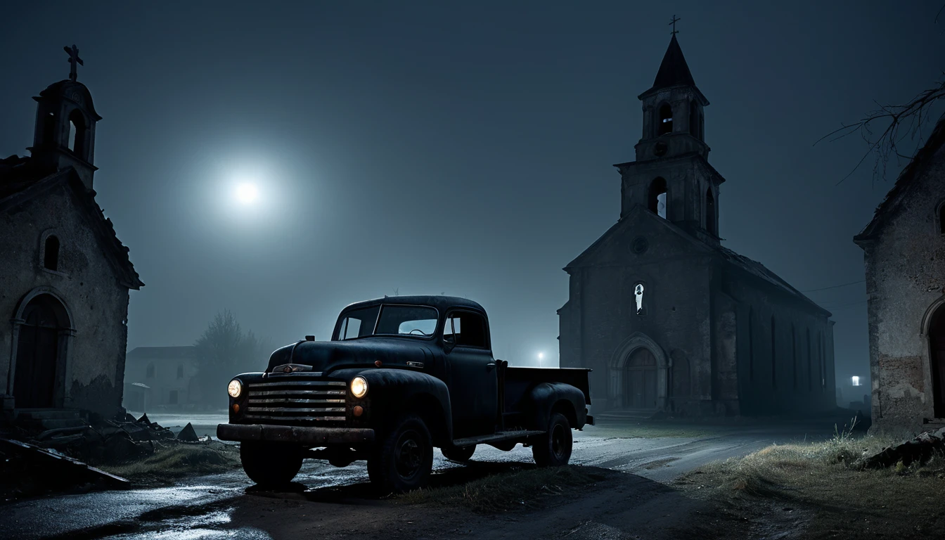 005: Create a hyper-realistic image of a black truck surrounded by an abandoned village at night. The truck is parked in front of an old, decrepit church with a crumbling bell tower. The windows of the buildings are broken, and the village appears deserted. A thick mist rolls through the empty streets, with strange shadows moving within it. The atmosphere is heavy with an unnatural silence, and a feeling of being watched pervades the scene. The image should be in a 16:9 format, with dark shadows and subtle lighting that create a chilling and mysterious vibe.