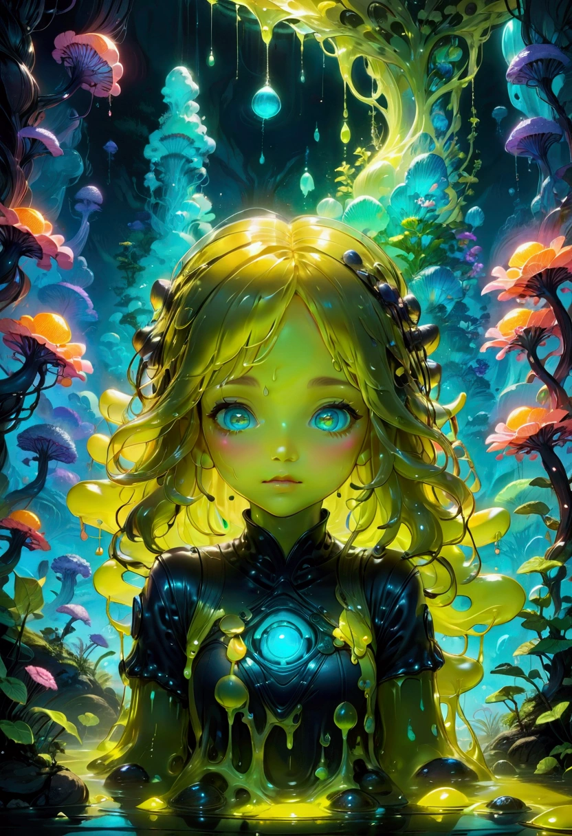A slime creature, detailed slimy texture, gooey and viscous appearance, cute eyes, bright neon colors, fluorescent glowing, surreal fantasy landscape, colorful alien environment, glowing mushrooms, bioluminescent plants, cinematic lighting, detailed 3D render, vibrant colors, high detail, masterpiece, best quality, very aesthetic, absurdres