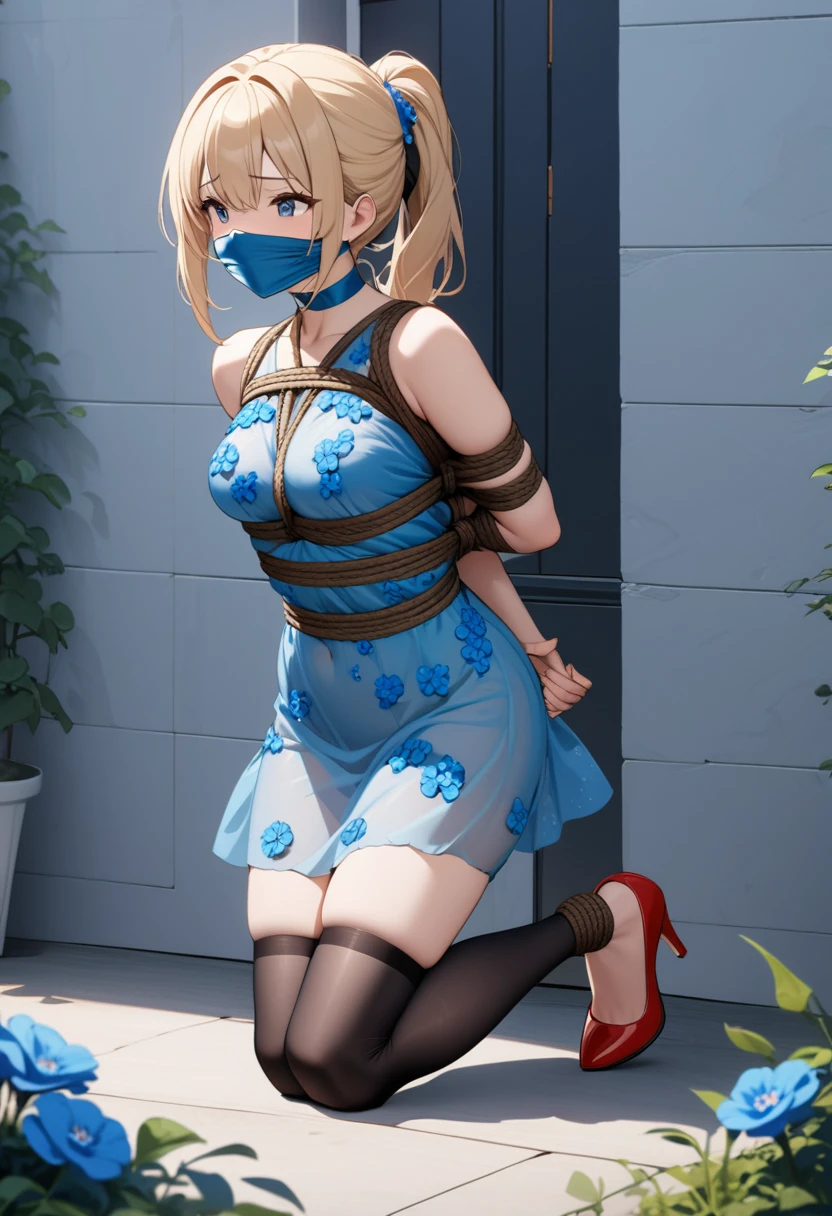 1girl, garden, walking, masterpiece, best quality, highly detailed, ((blue flower dress, transparent blue dress, black thighhighs, red high heels)), ((girl gagged, girl bondage, girl rope bondage, girl tied up, girl torso harness)), arms behind back, ((full body:1.3)), blond ponytail, medium breasts, slim body, medium ass, ((squating))