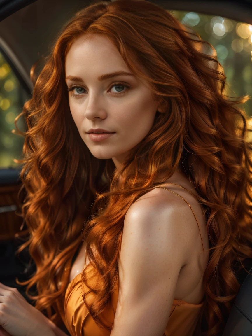 Hyper-realistic UHD 4K image, beautiful woman in photographic quality, redhead, ((long curl hair)), emerald green eyes, ​masterpiece, full body picture, ((Eye make up)) ((full lips)) she drinks her morning coffee in the car, soft lighting, (warm atmosphere. Colour palette - orange, gold, ochre shades), ((film grain)), ((Rays)), (glare) , ultra detailed