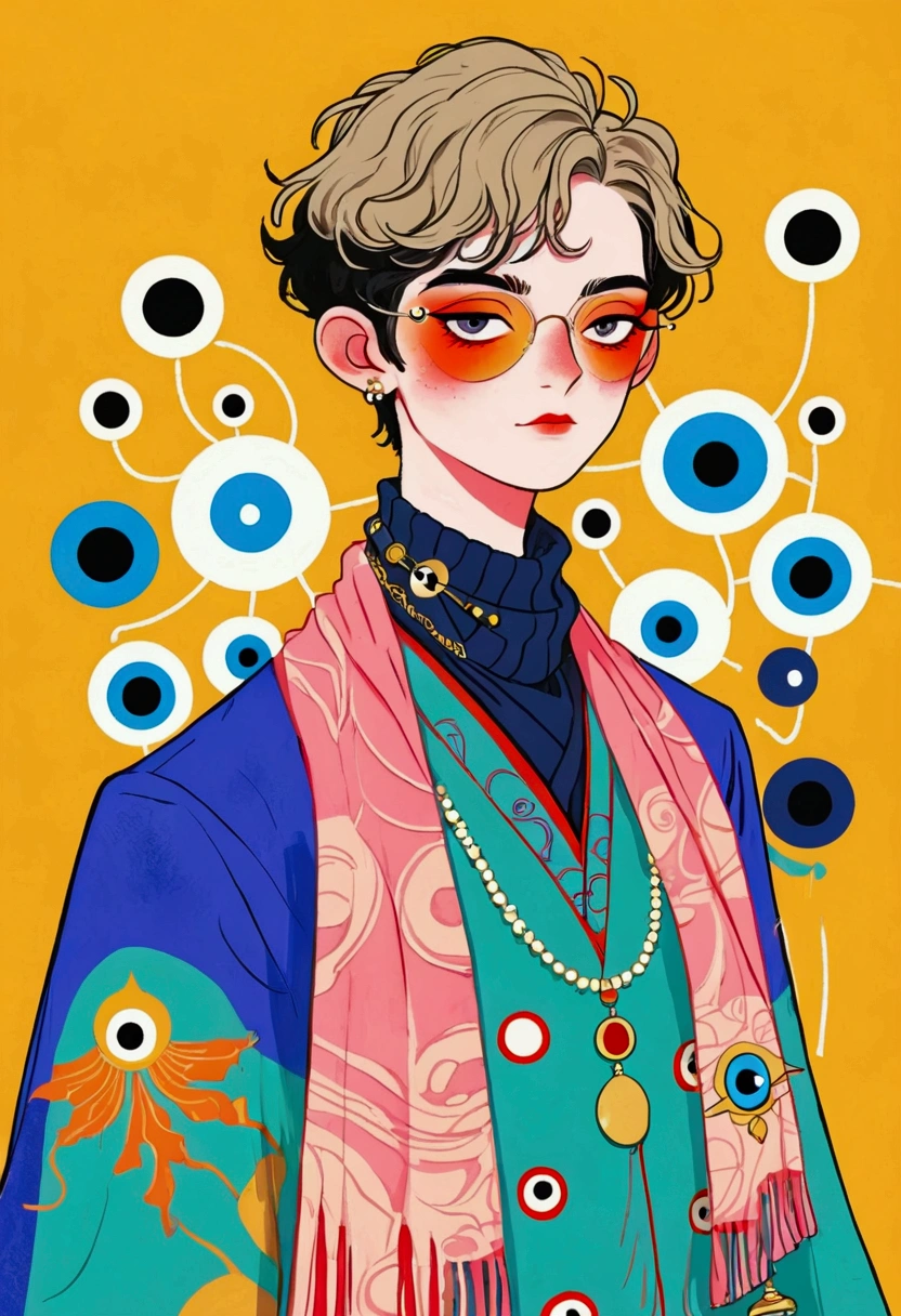 In a painting,A man in a colorful jacket、Delicate androgynous prince wearing a scarf,((( short hair,The third eye on clothes))),temperament,独奏,Gouache inspired by Lubin Baugin, cg Social Hotspot, Cloisonnism, detailed Fashion Illustration, Fashion Illustration, luxury Fashion Illustration, Hanfu, Complex Abstract. (Gucci style), Color illustrations, cypherpunk Fashion Illustration, ,(((Solid color background)))