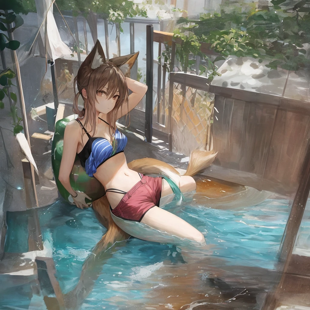 masterpiece,high resolution, shorts, 1 Girl, ball, Tail,animal_ear, swimsuit, short_shorts, Striped, Bikini, fox_ear, Solitary, fox_Tail, Striped_Bikini