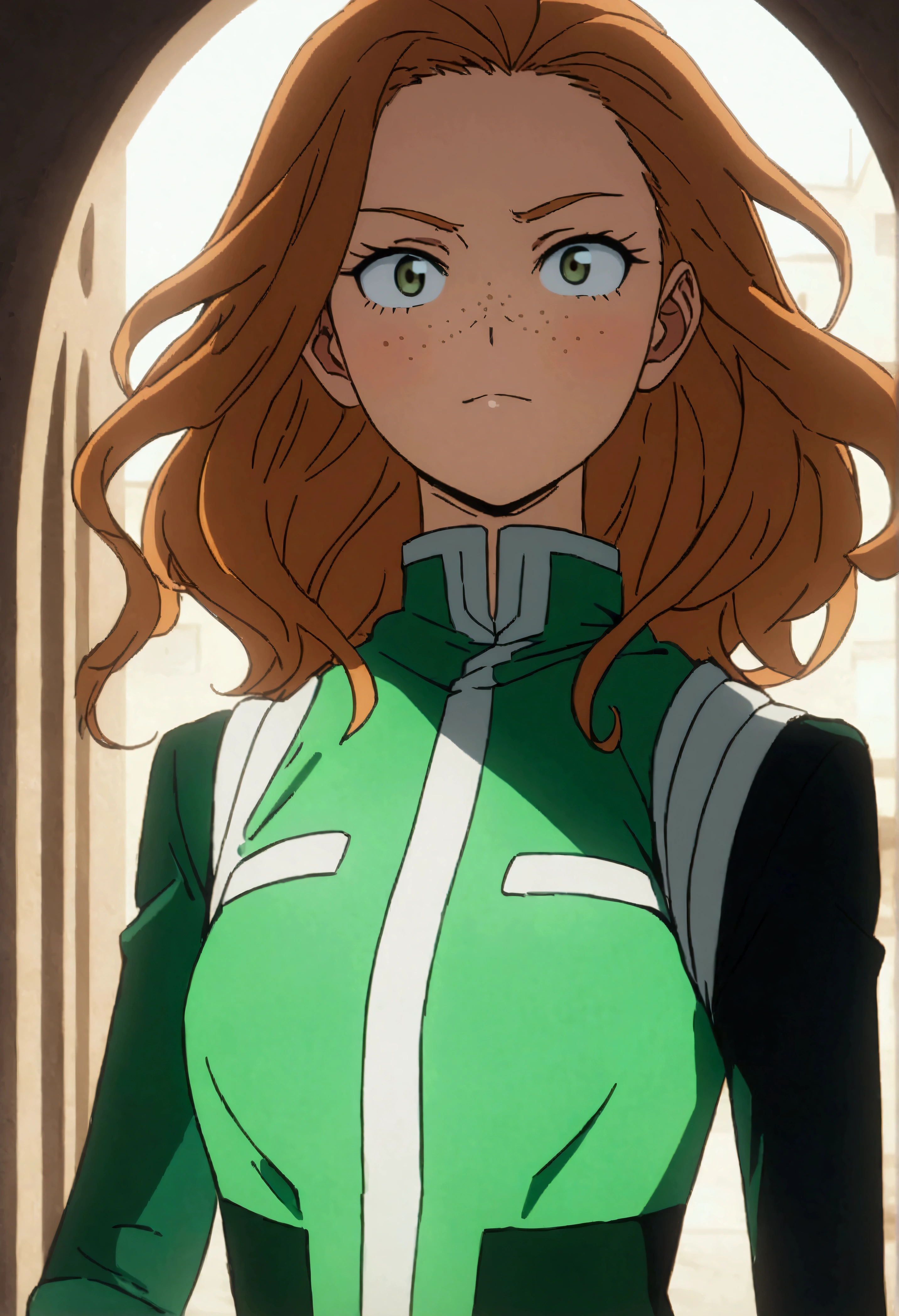 She is a , she has slightly disheveled long ginger hair, light brown eyes, with some freckles on the nose area , fit body , anime art slyle my hero academy , sexy face , she is dressed in the anime female uniform "my hero academia", , 8k, high quality, masterpiece, , cinematic, vivid colors, shining green eyes