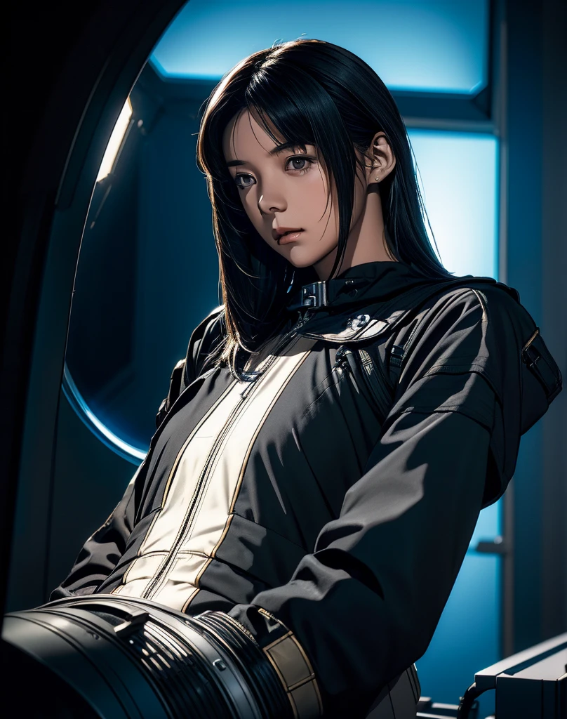 A beautiful woman piloting a small space fighter. She is looking at the camera with a serious expression. Black Hair. 23 years old. She is wearing a black metallic battle suit.. From the window of the spaceship, Dark space and shining stars々You can see.