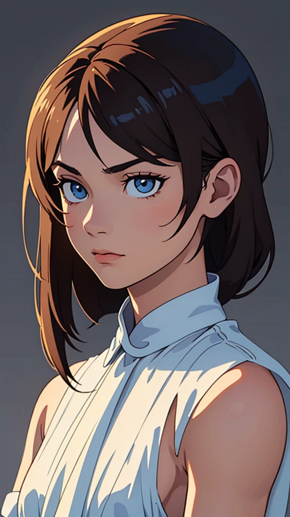 A digital illustration of a young man face dark hair and is facing slightly to the right, with a serious yet calm expression. The background is minimalistic and light, accentuating the character's facial features, which are softly shaded with realistic lighting. The overall style is semi-realistic with a blend of anime influences, showcasing detailed and expressive eyes. The color palette is muted, with subtle tones and shadows that emphasize the three-dimensional aspect of the illustration.