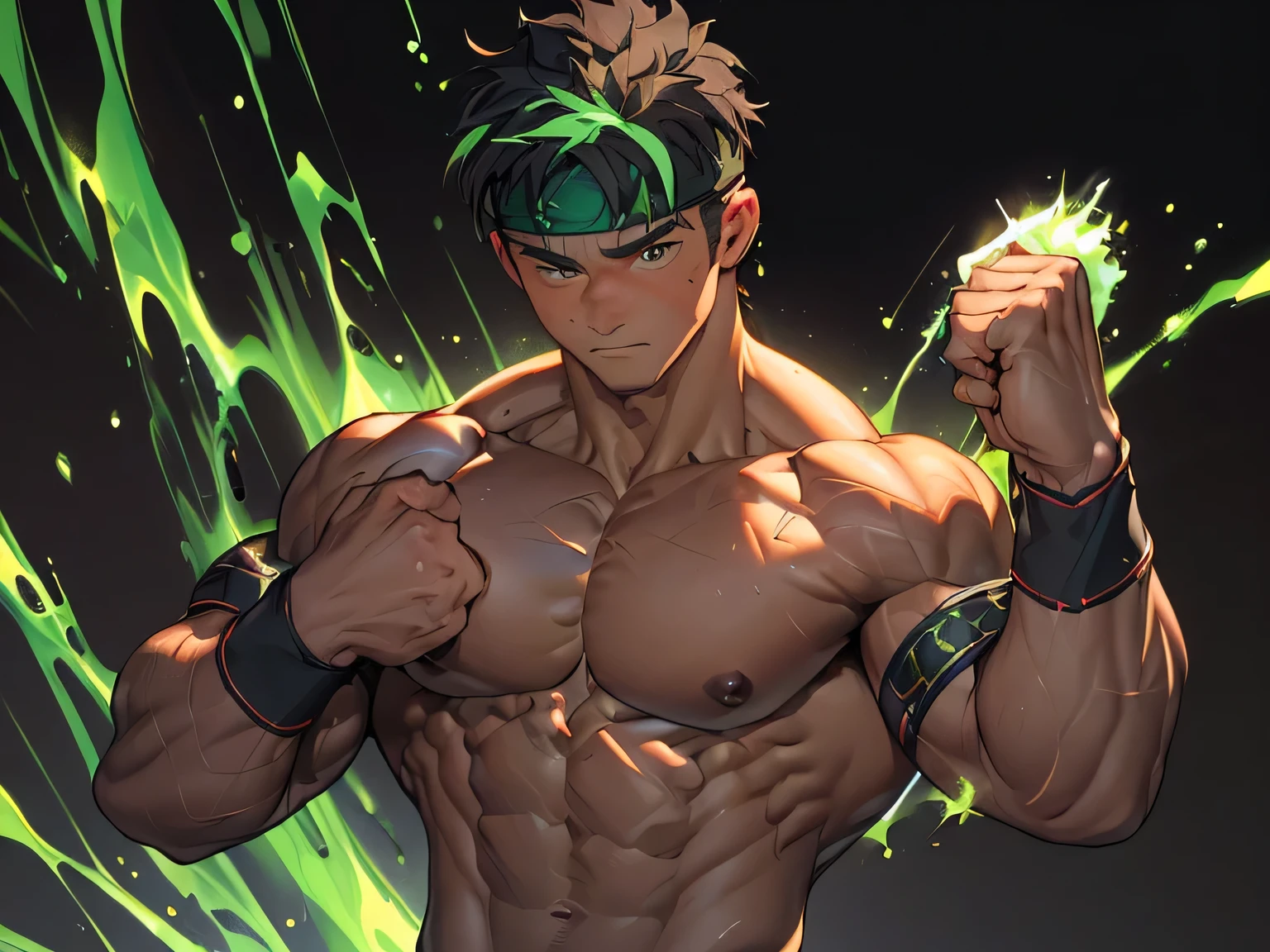 ((masterpiece, best quality)), (((((black background, deep night, upper body))))), (19 year old boy, worm eyes, Young boy, muscler, Shirtless, topless), ((((1boy, flesh, tough, reliable, developed body, blue and green aura effect, holding aura energy)))), (Dark Short straight hair, ((almost completely shaved hair)), under cut, brown eyes), (((red headband, black wristband))), Vivid colors, ((hot Abs:1.2, abs!, big abs, big breast:1.2, chest!, muscler upper arms)), muscler!, muscler body, detailed face, detailed muscle, (((rippling muscles, boxing stance, Flowing energy, giving off an aura of holy power)))