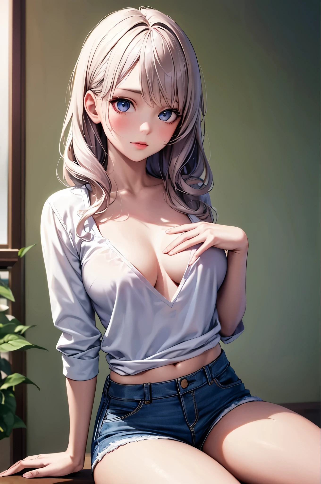 Realistic, High resolution, 1 girl, White Wavy Hair,  heterochromatic eyes,  Loose white shirt, Skinny denim shorts, chest, Thighs,  realism